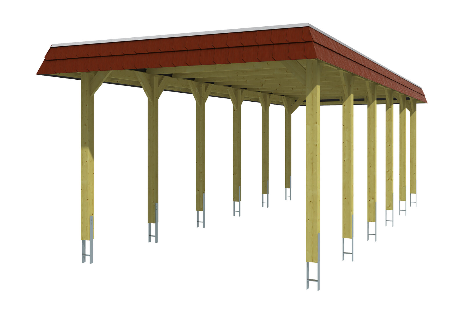 Carport SPREEWALD 345x893cm, toit en aluminium, bandeau rouge, bois résineux imprégné, traitement coloré noyer