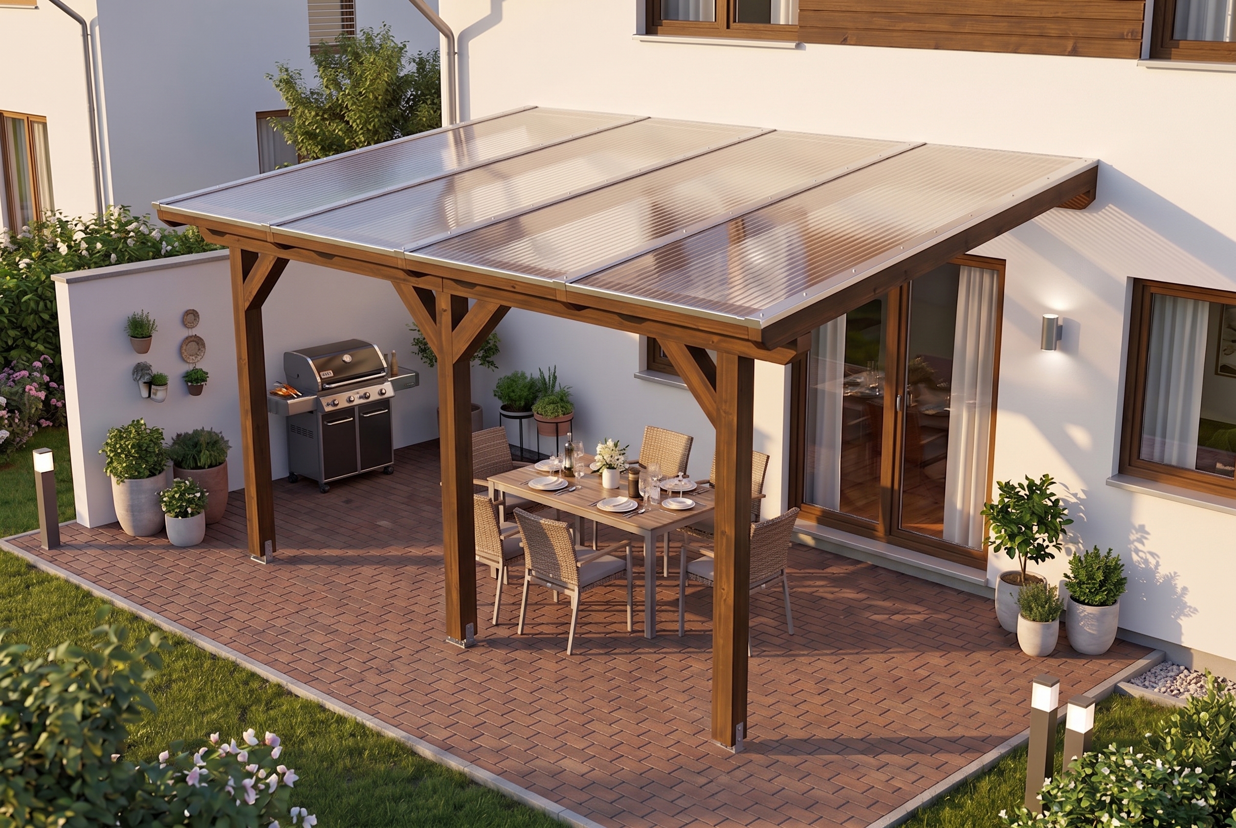 Pergola adossée ANDRIA 434x250cm, bois lamellé-collé, traitement coloré noyer