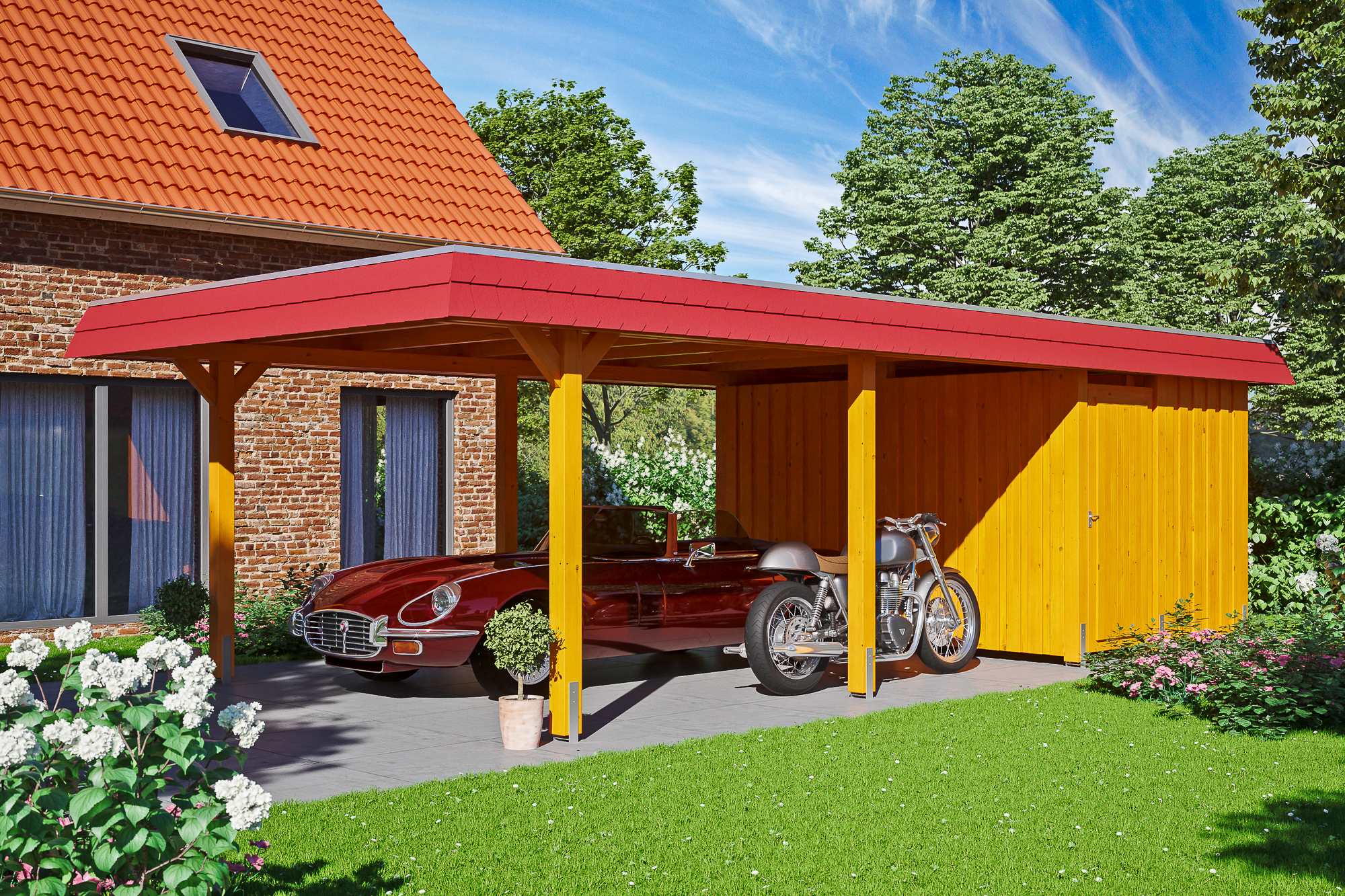 Ambientebild: Carport Wendland 409 x 870 cm, mit Abstellraum, mit roter Blende, farblich behandelt in eiche hell