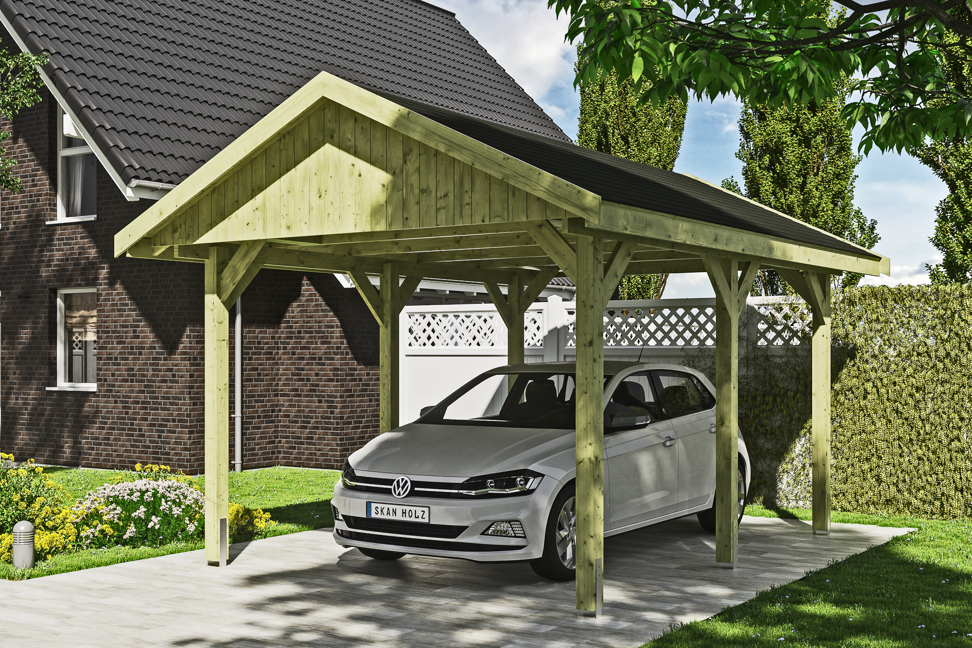 Ambientebild: Carport Wallgau 380 x 500 cm, mit schwarzen Dachschindeln, grün imprägniert 
