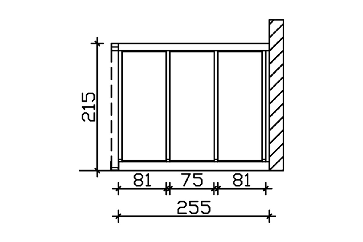 Sidewall with polycarbonate 255 x 200 cm, wal mounting, spruce, colour pre-treated in walnut