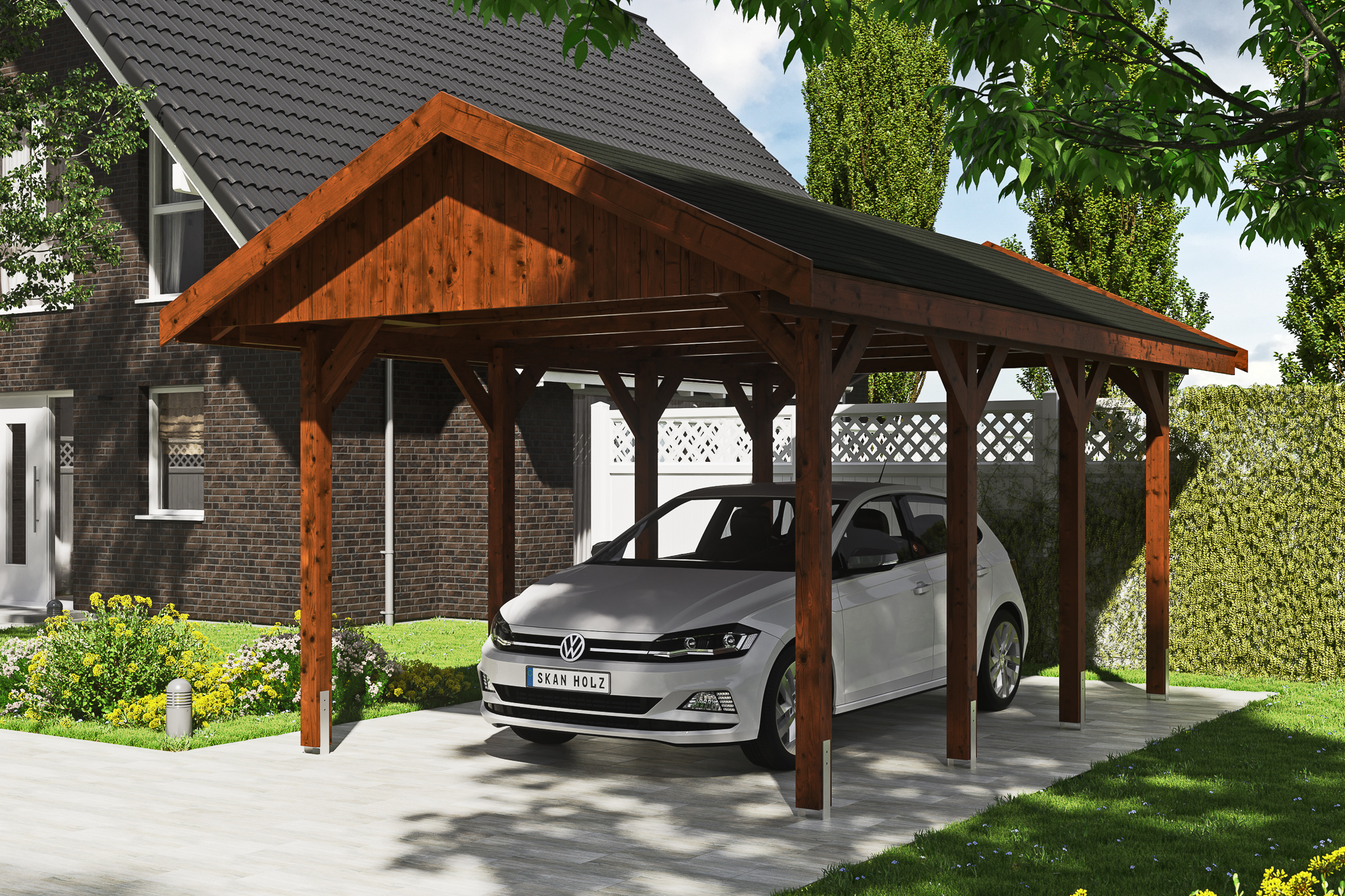 Ambientebild: Carport Wallgau 380 x 600 cm, mit schwarzen Dachschindeln, farblich behandelt in nussbaum