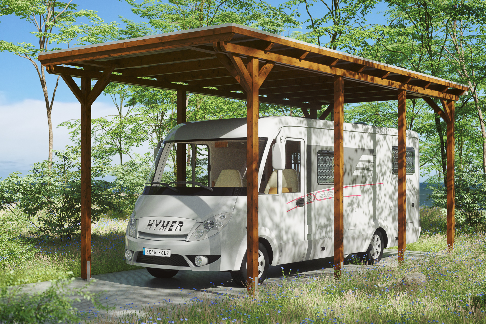 Ambientebild: Carport Emsland Caravan 404 x 846 cm, farblich behandelt in nussbaum