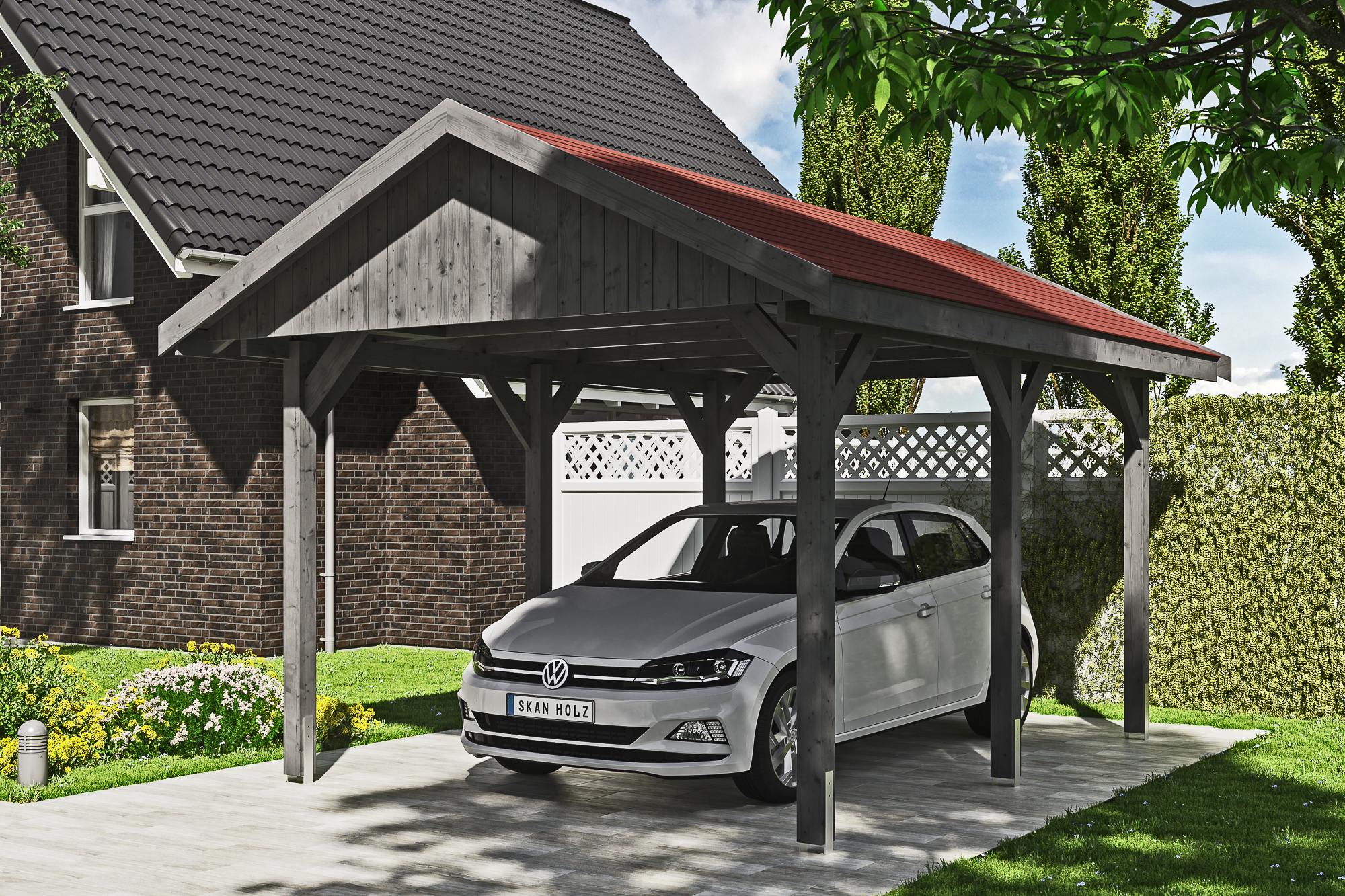 Ambientebild: Carport Wallgau 380 x 500 cm, mit roten Dachschindeln, farblich behandelt in schiefergrau