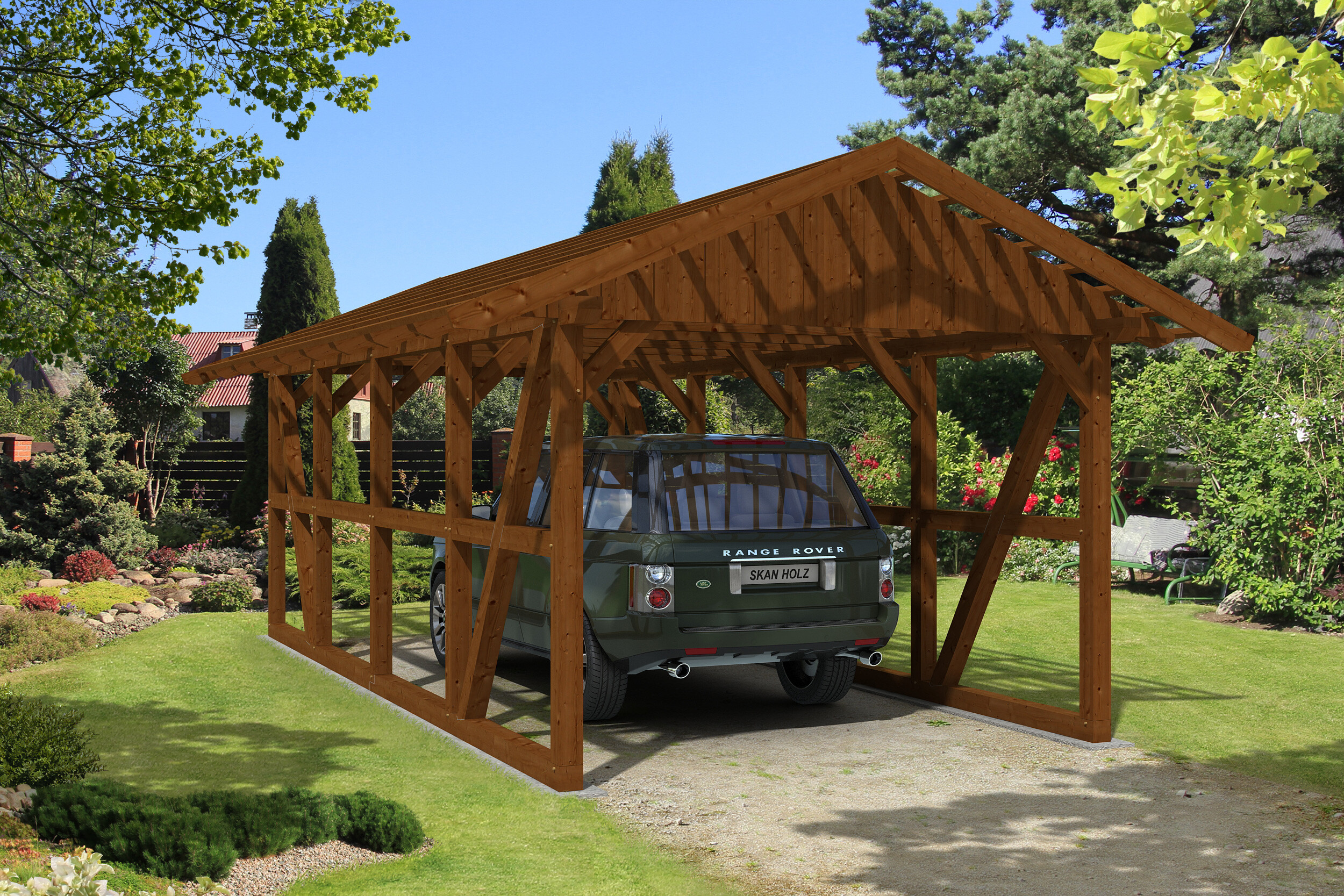 Carport Schwarzwald 424 x 772 cm, nussbaum, mit Dachlattung