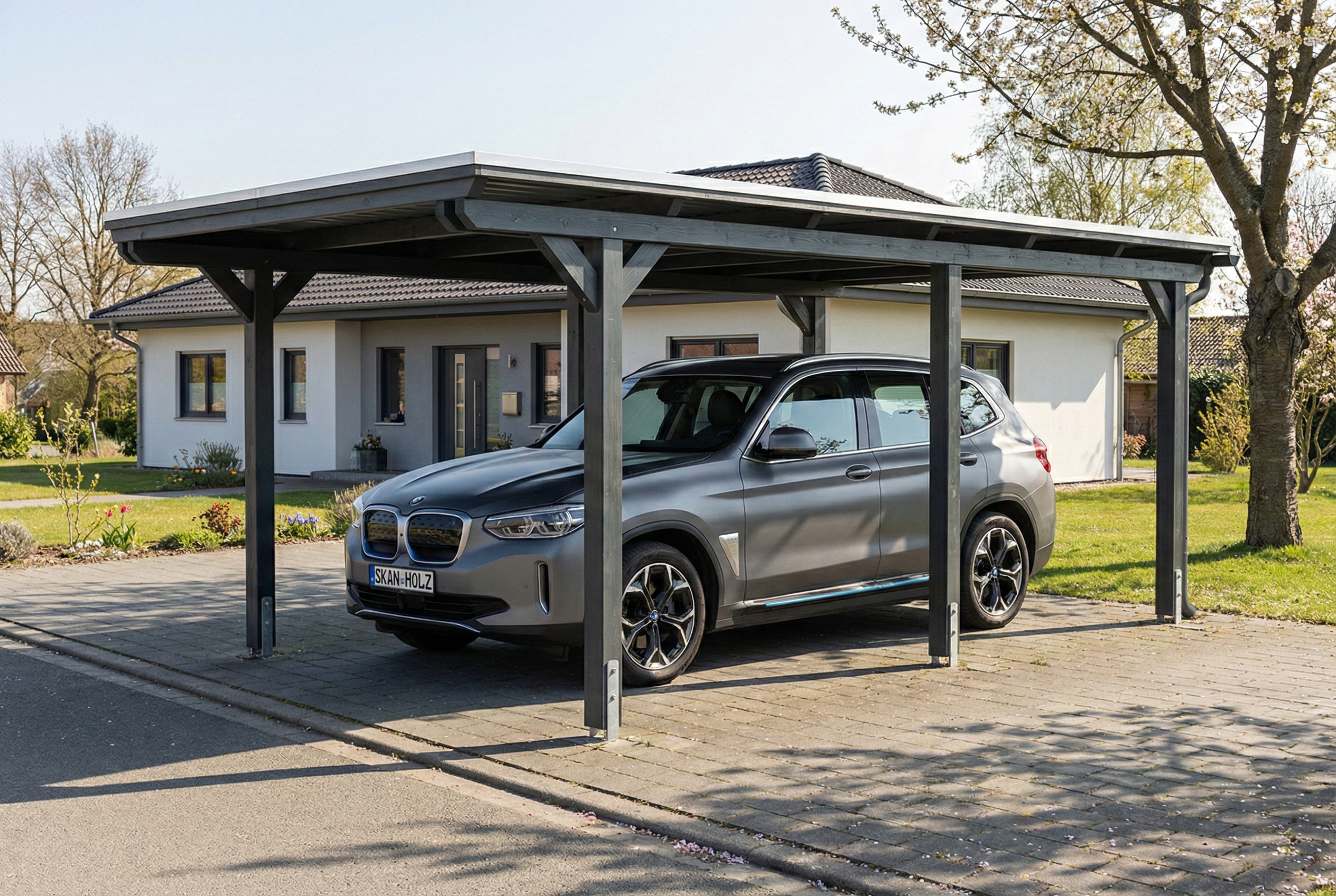 Carport Emsland 340 x 604 cm, stalen dakplaten met anticondensvlies, leigrijs