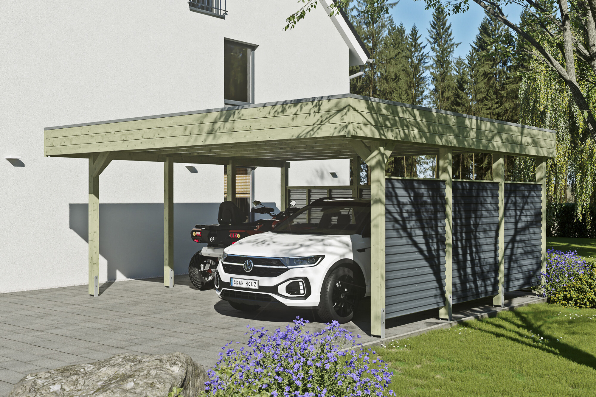 Carport Friesland Hybrid Set 13, 557 x 555 cm, met zij- en achterwand, groen geïmpregneerd, met Aluminium dakplaten