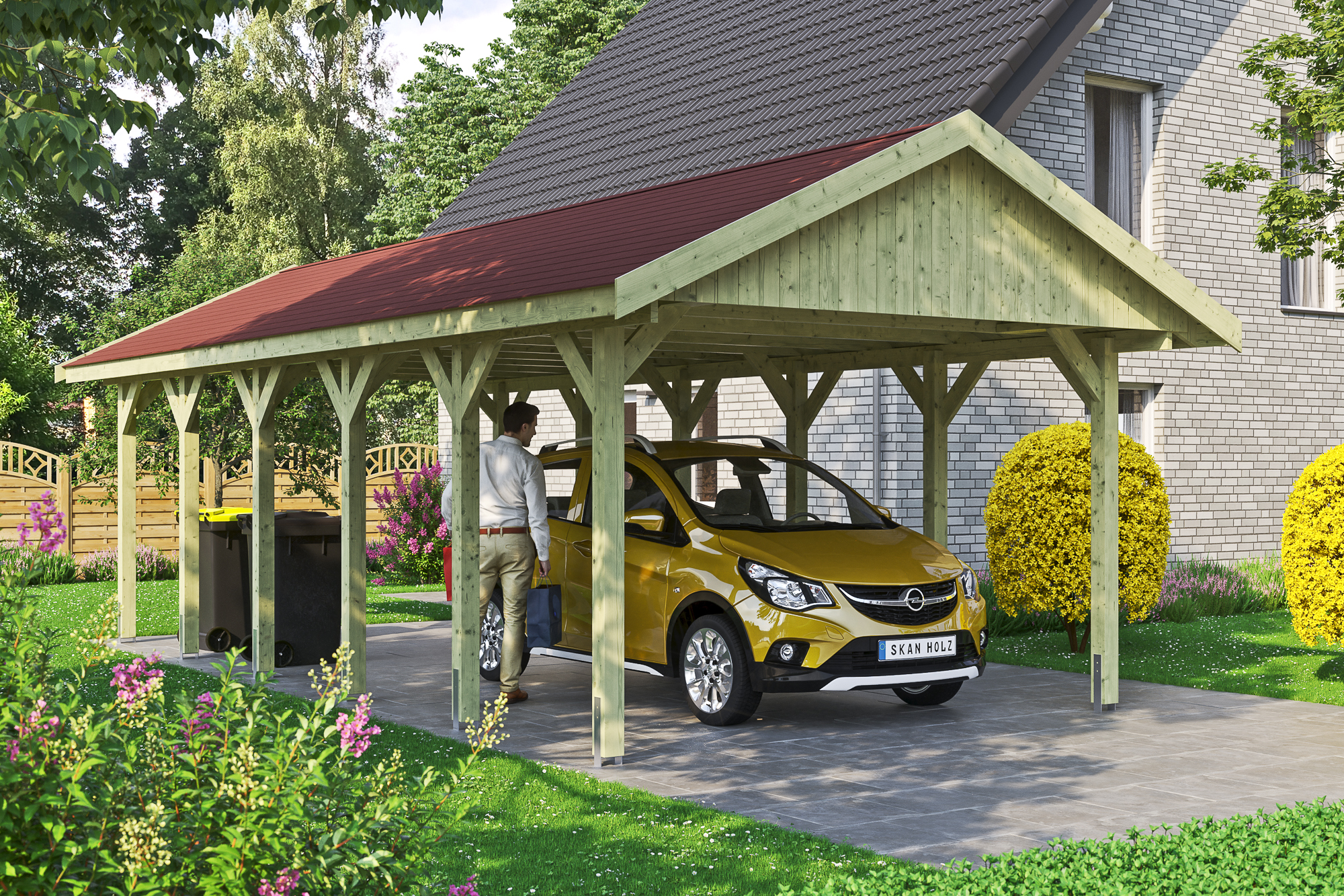 Ambientebild: Carport Wallgau 430 x 900 cm, mit roten Dachschindeln, grün imprägniert