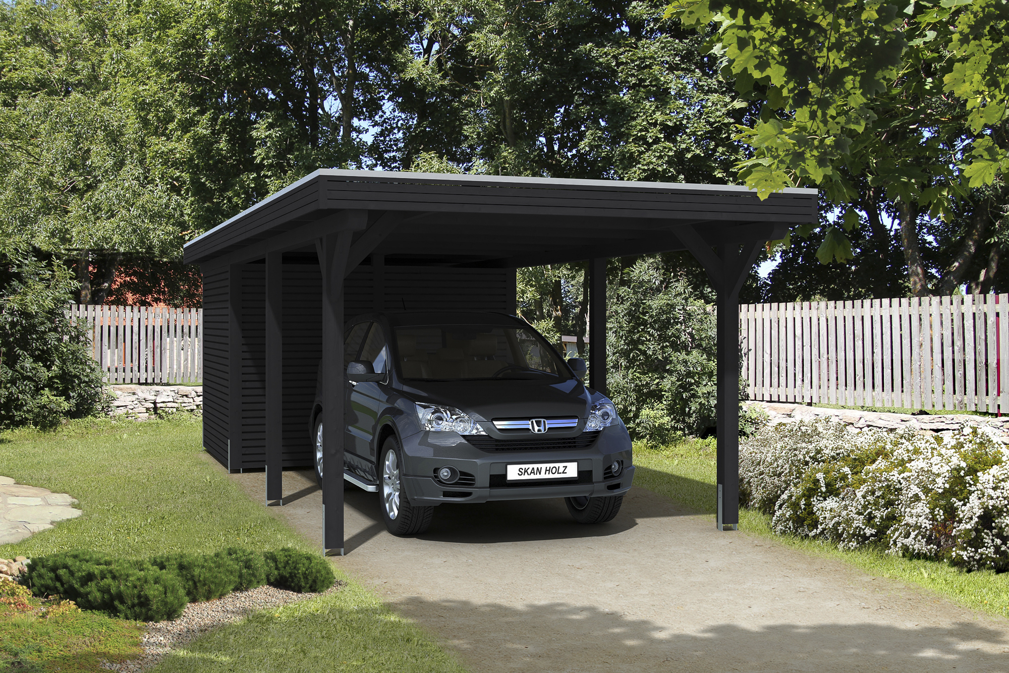 Ambientebild: Carport Spessart 355 x 846 cm mit Abstellraum, farblich behandelt in anthrazit