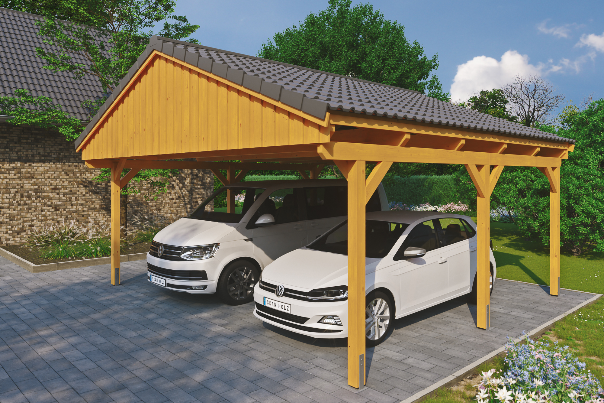 Ambientebild: Carport Fichtelberg 618 x 566 cm, farblich behandelt in eiche hell, mit Dachziegeln