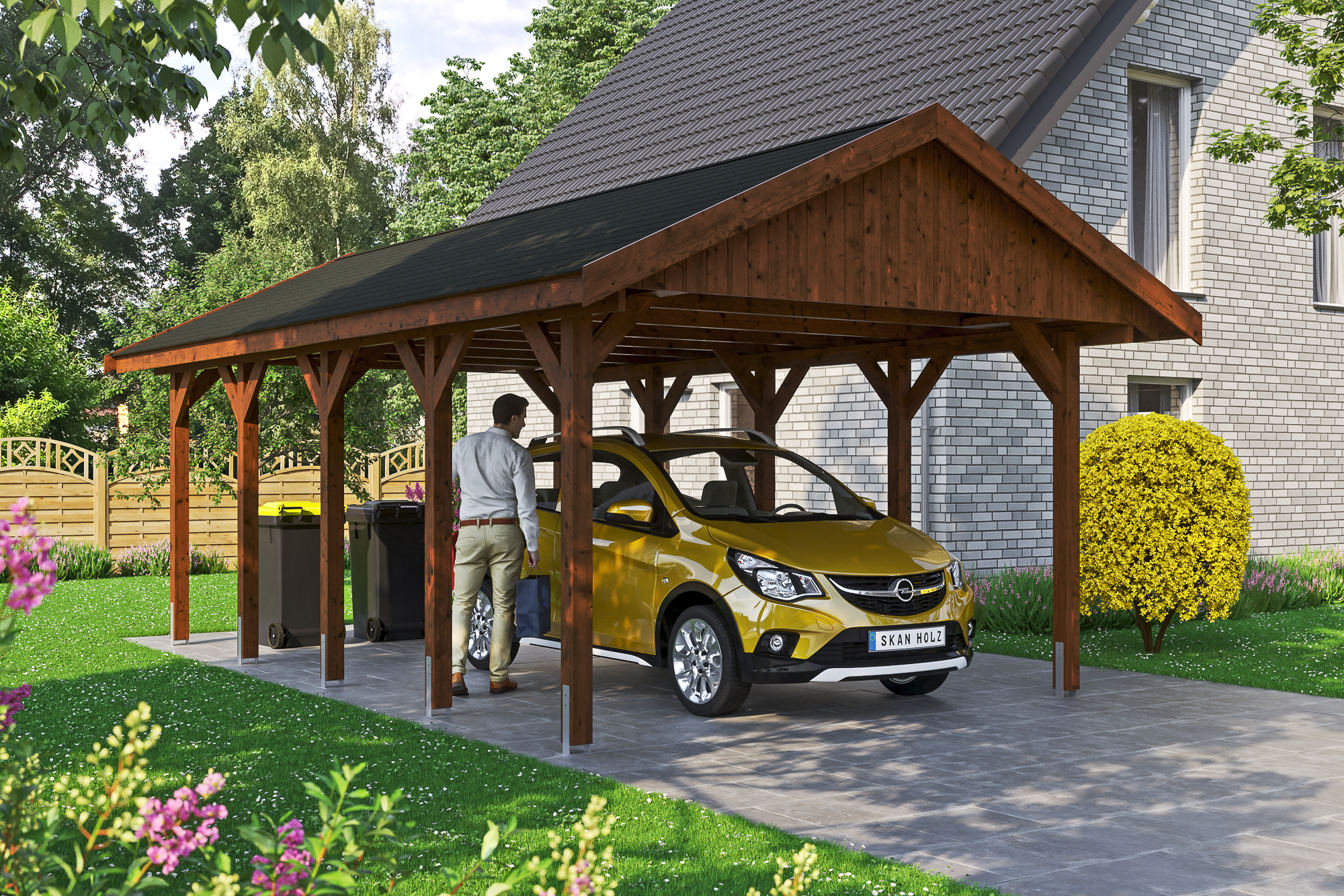 Ambientebild: Carport Wallgau 430 x 750 cm, mit schwarzen Dachschindeln, farblich behandelt in nussbaum