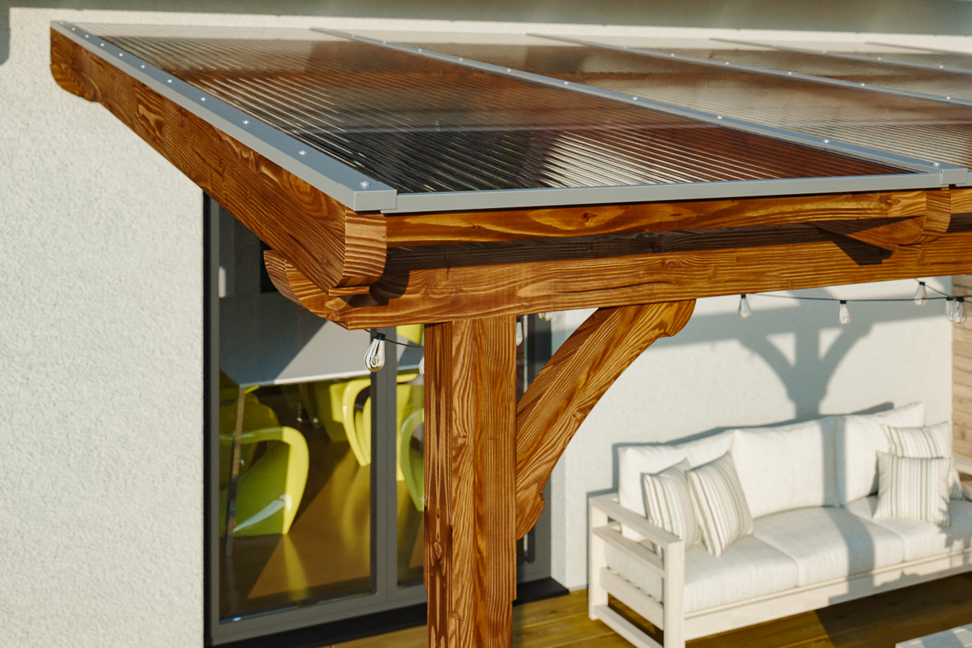 Detailbild einer Terrassenüberdachung Rimini farblich behandelt in nussbaum mit Blick seitlich auf das Dach