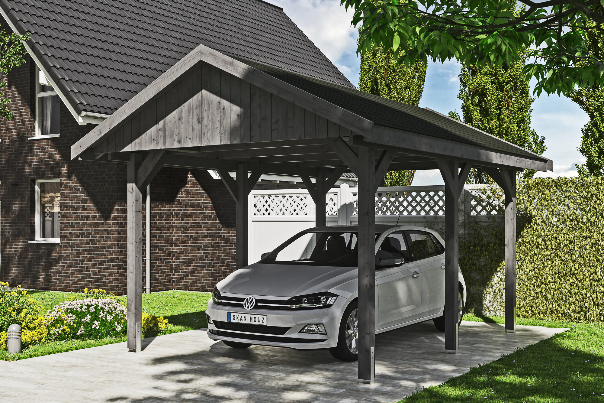 Ambientebild: Carport Wallgau 380 x 500 cm, mit schwarzen Dachschindeln, farblich behandelt in schiefergrau