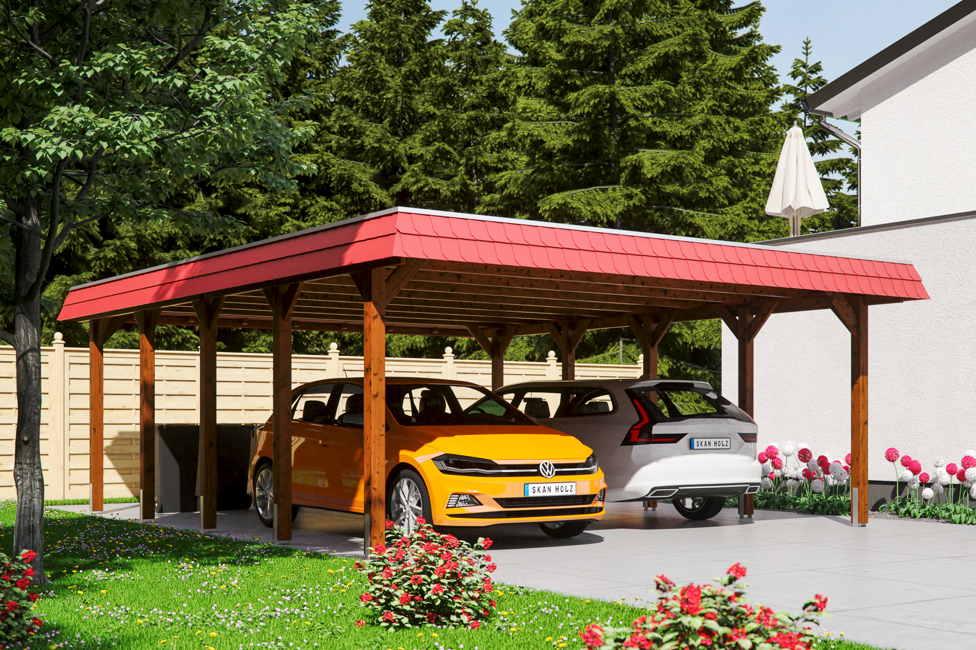 Ambientebild: Carport Spreewald 585 x 741 cm mit roter Blende, farblich behandelt in nussbaum
