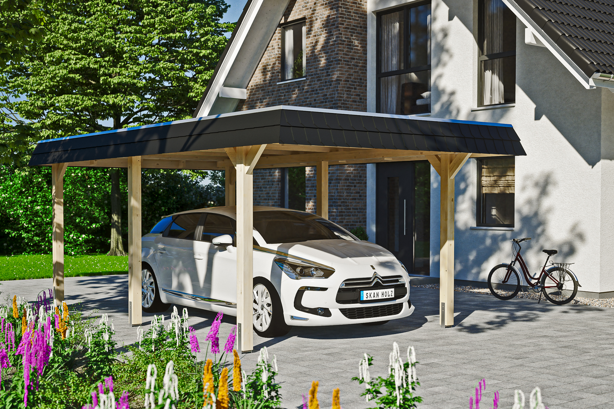 Ambientebild: Carport Wendland 362 x 628 cm, mit schwarzer Blende