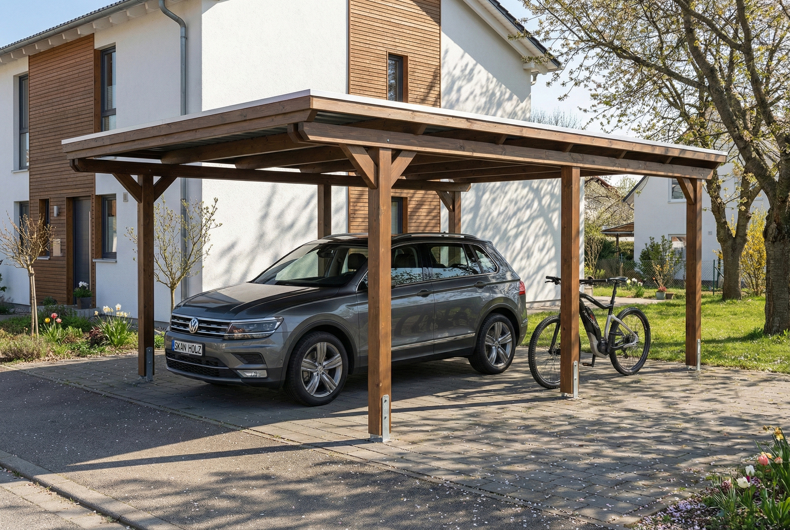 Carport Emsland 402 x 604 cm, stalen dakplaten met antiek condensvlies, walnoot