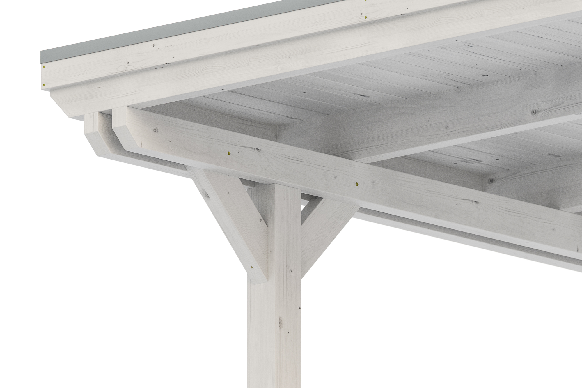 Detailbild: Konstruktion beim Carport Emsland von unten (Pfosten, Doppelpfette, Dachschalung und Blende mit Aluminiumabschlusskante), farblich behandelt in weiß