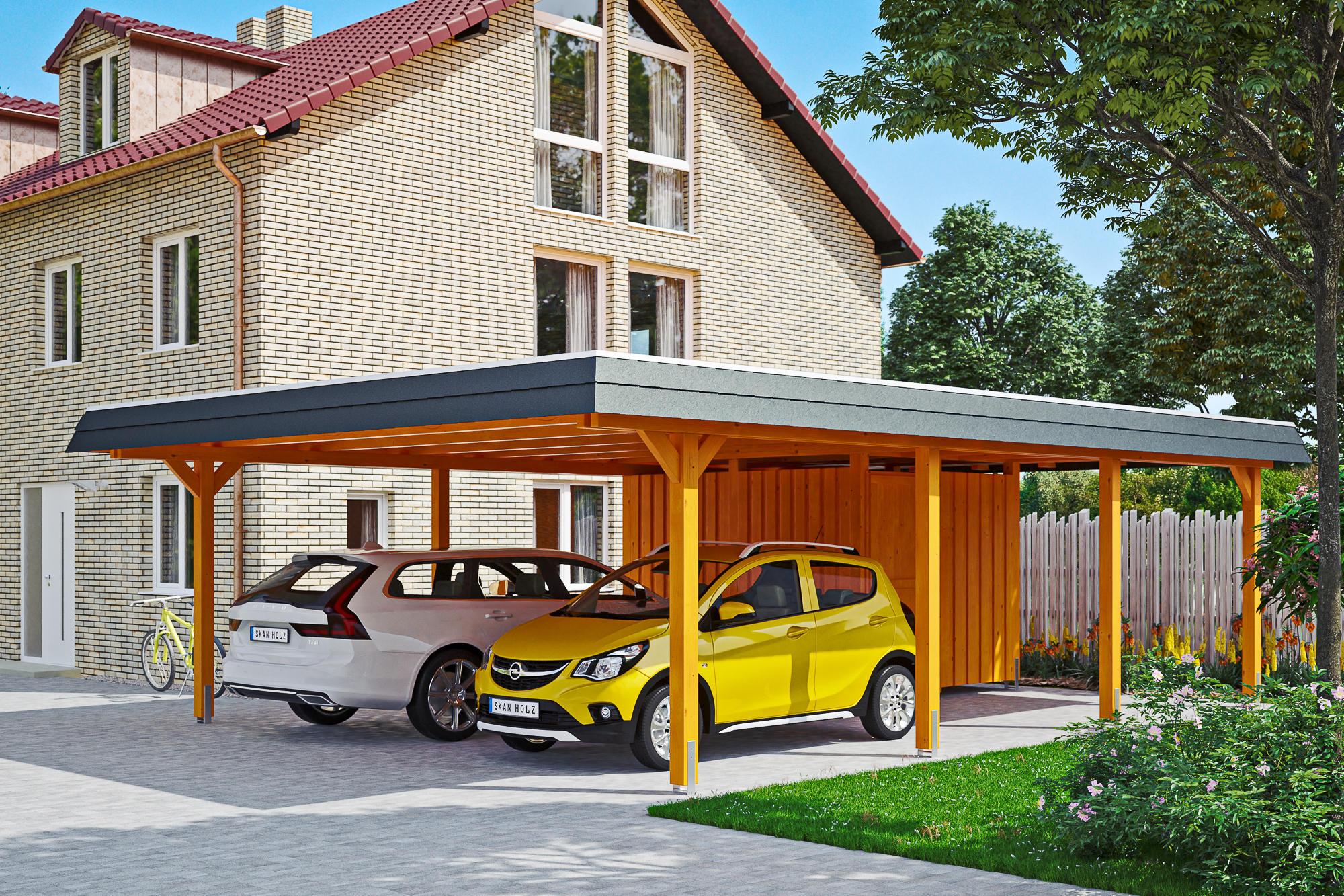 Ambientebild: Carport Wendland 630 x 879 cm, mit Abstellraum, mit schwarzer Blende, farblich behandelt in eiche hell