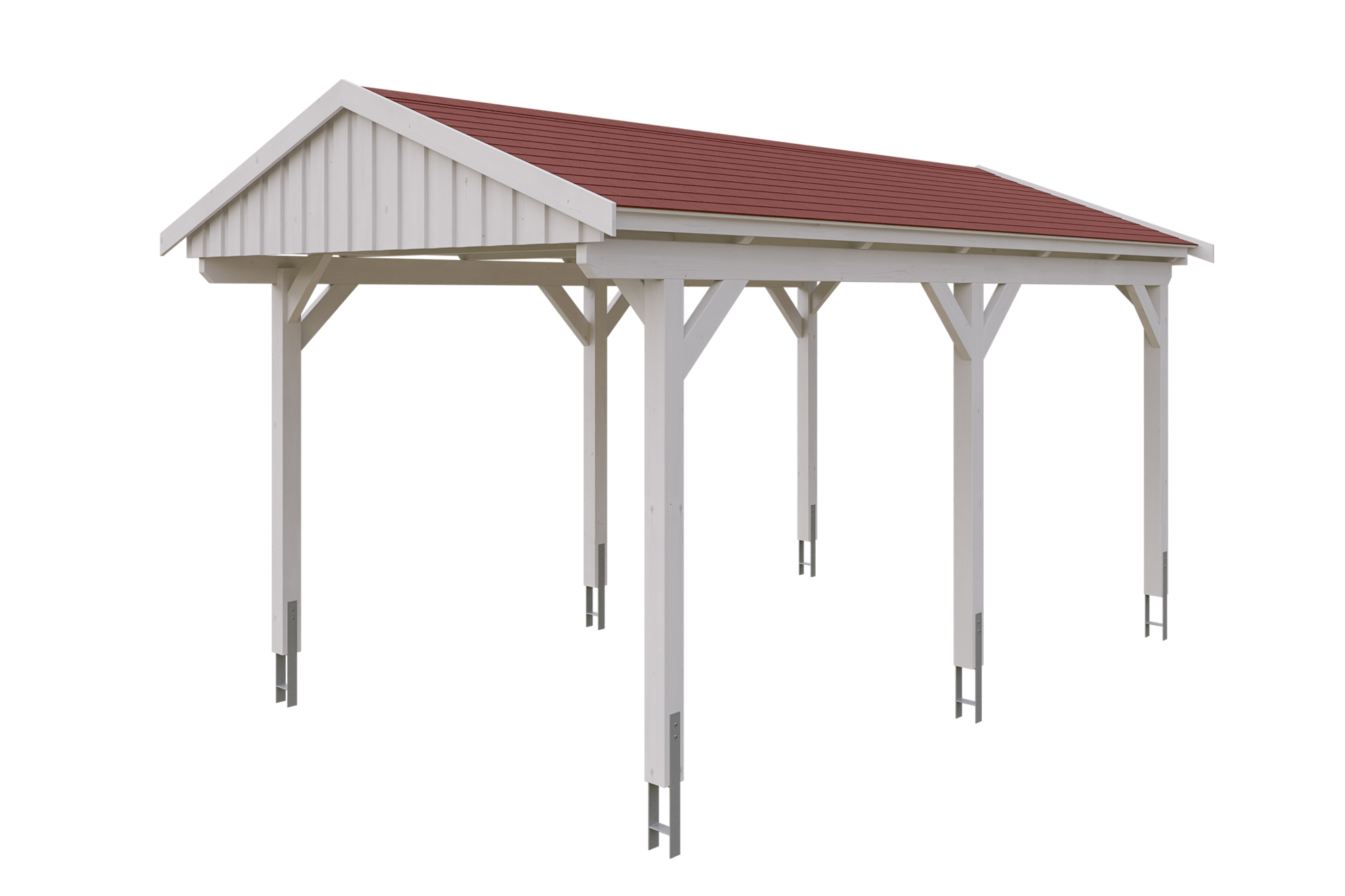 Produktbild: Carport Fichtelberg 317 x 566 cm, farblich behandelt in weiß, mit roten Dachschindeln