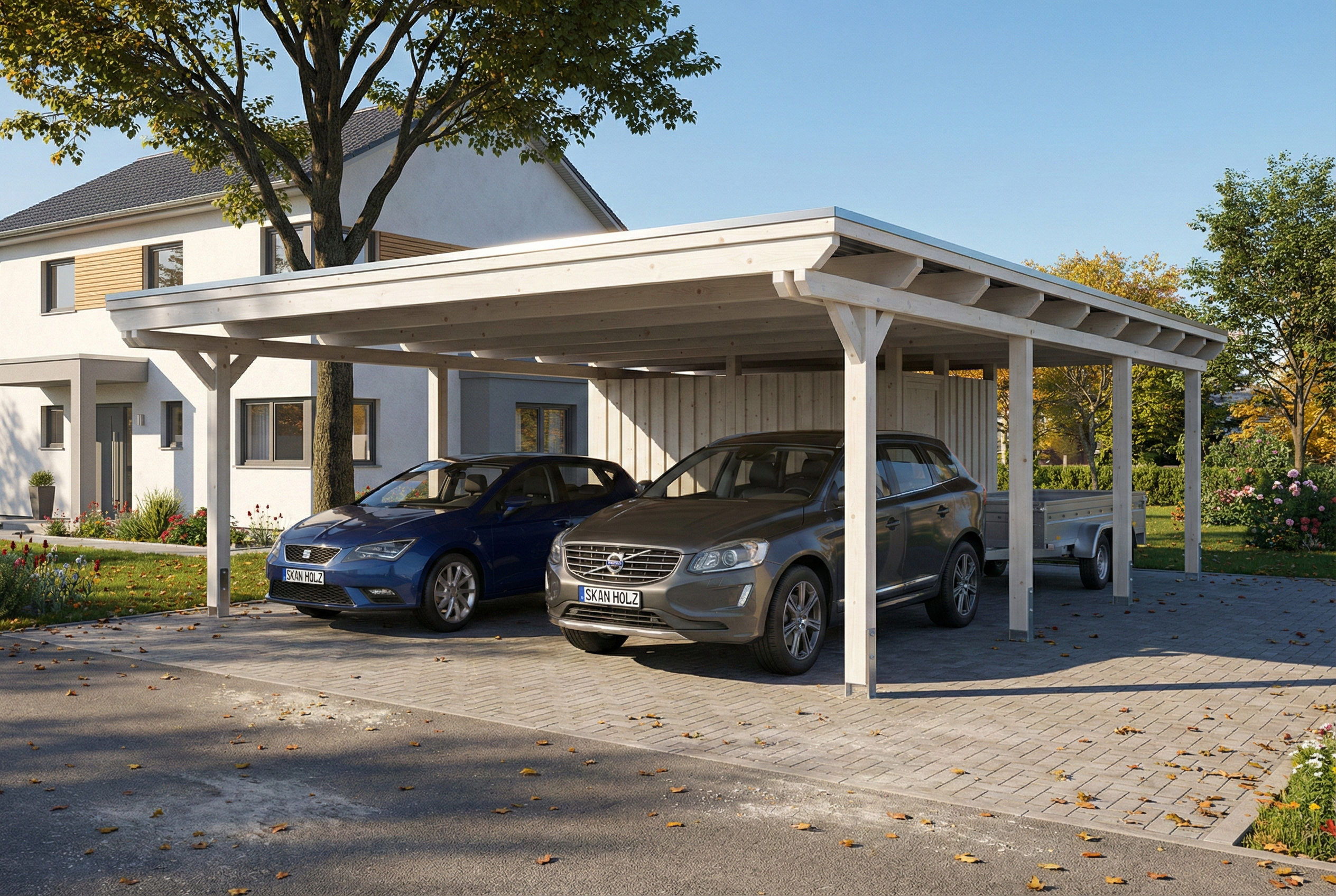Carport Emsland 609 x 846 cm, Stahl-Dachplatten mit Antikondensvlies, mit Abstellraum, weiß