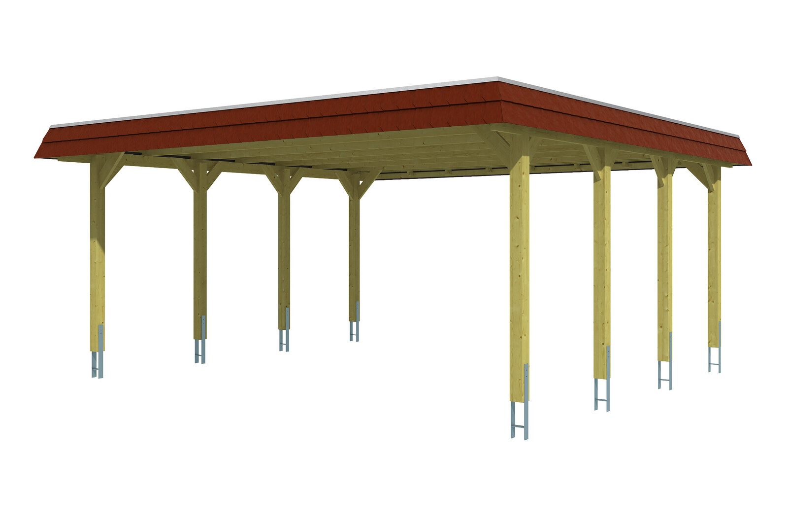 Carport Spreewald 585 x 589 cm mit Aluminiumdach, rote Blende