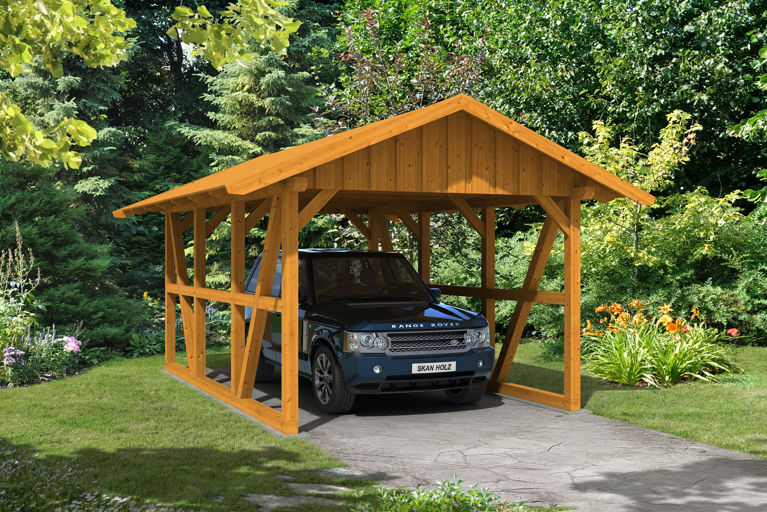 Ambientebild: Carport Schwarzwald 424 x 600 cm, mit Dachschalung, farblich behandelt in eiche hell