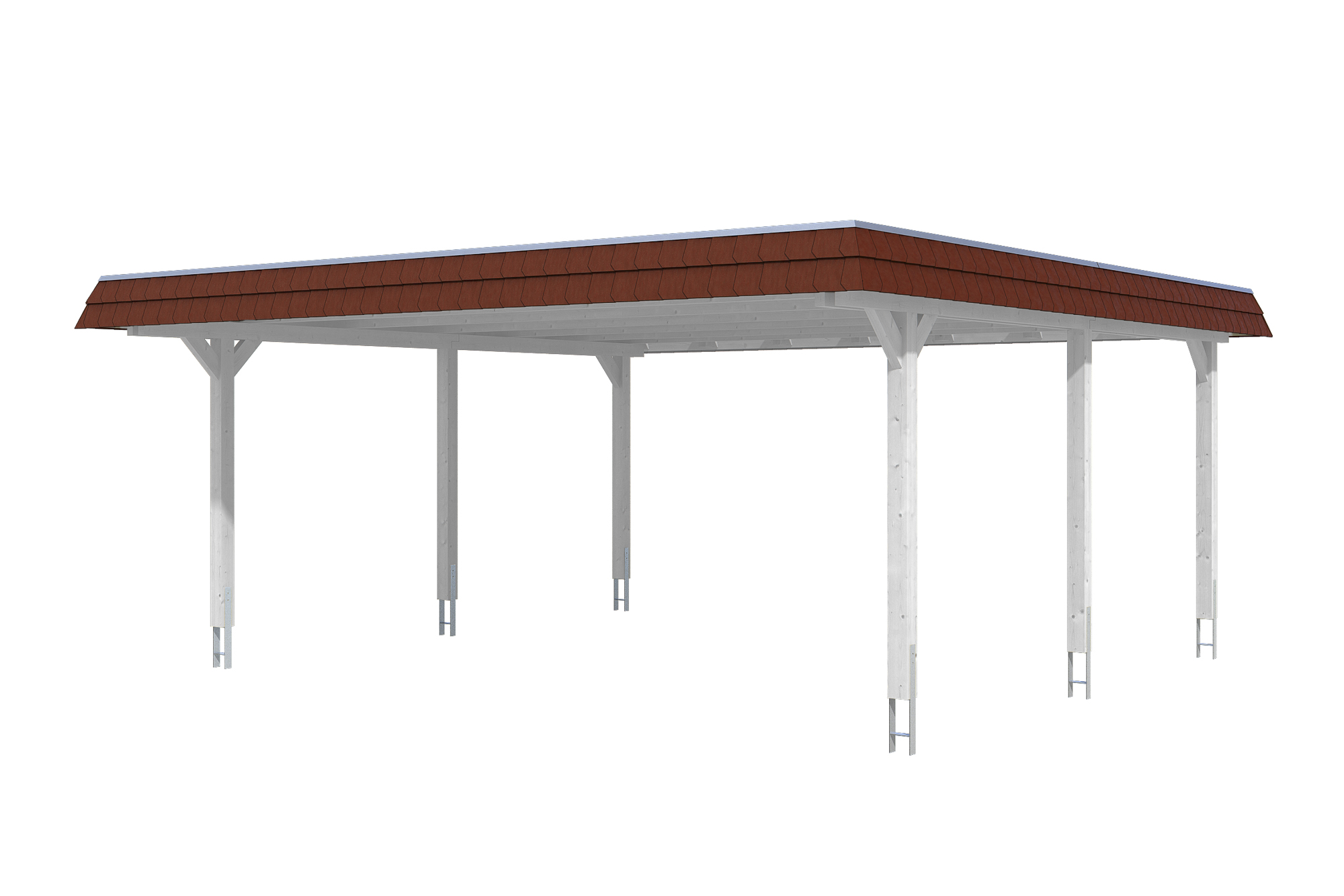 Carport Wendland 630 x 637 cm with EPDM roof, red fascia, colour pre-treated white