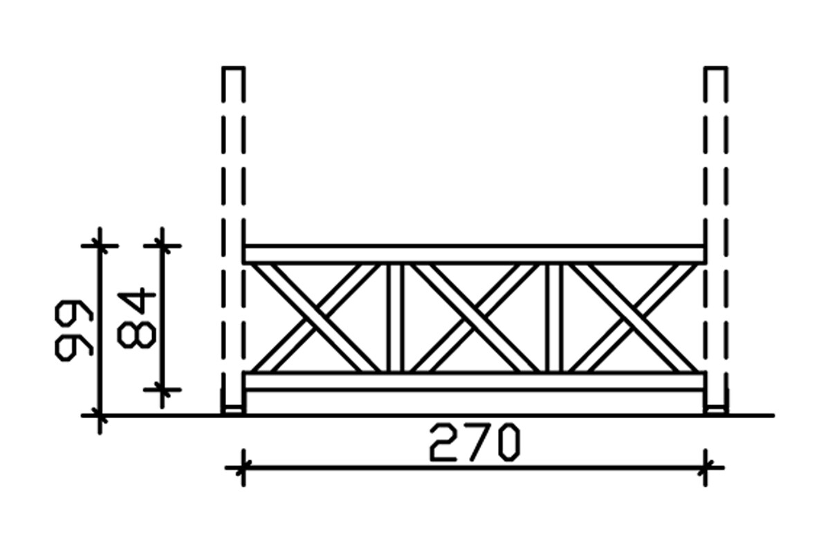 Balustrade pour l'avant 270 x 84 cm, Croix de saint André, bois d'épinette, traitement coloré blanc