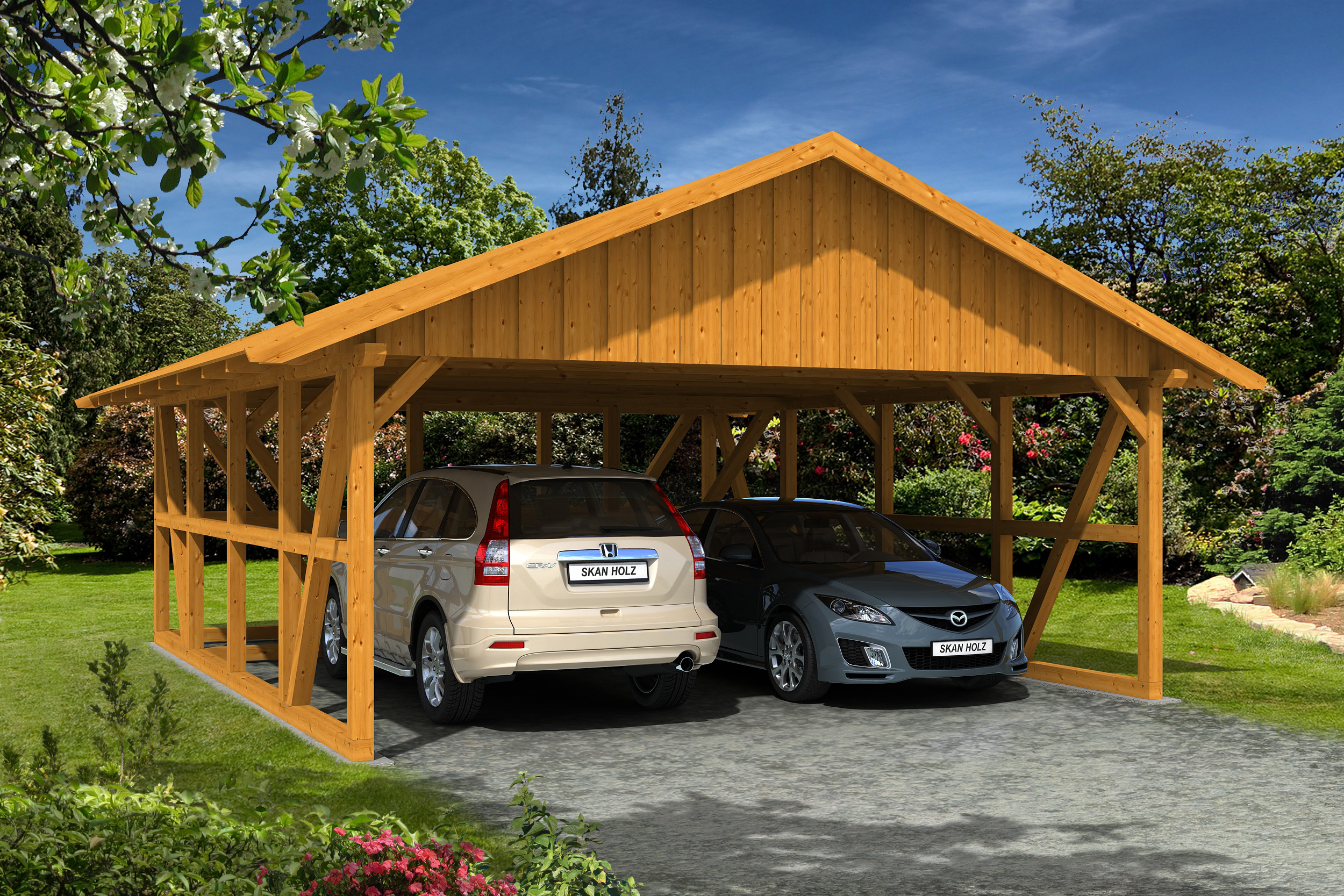 Carport Schwarzwald 684 x 772 cm with storage room 3, colour pre-treated light oak
