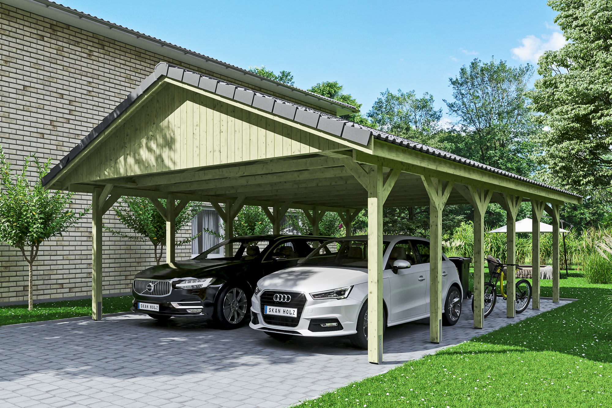 Ambientebild: Carport Wallgau 620 x 900 cm, mit Dachziegeln, grün imprägniert