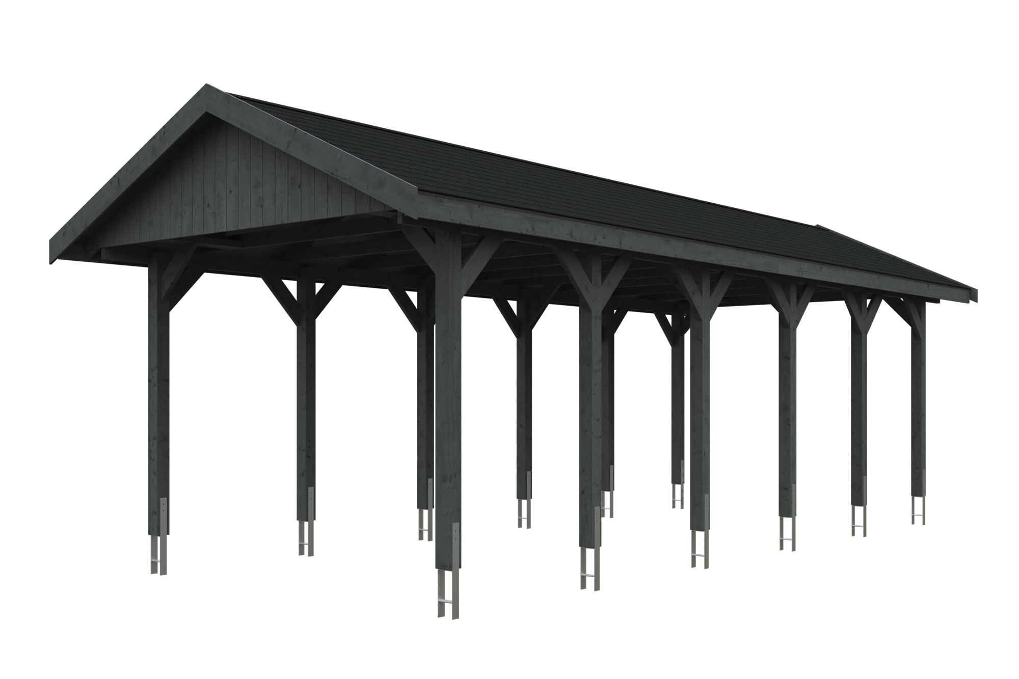 Carport WALLGAU 380 x 900 cm, traitement coloré gris ardoise, avec bardeaux noirs