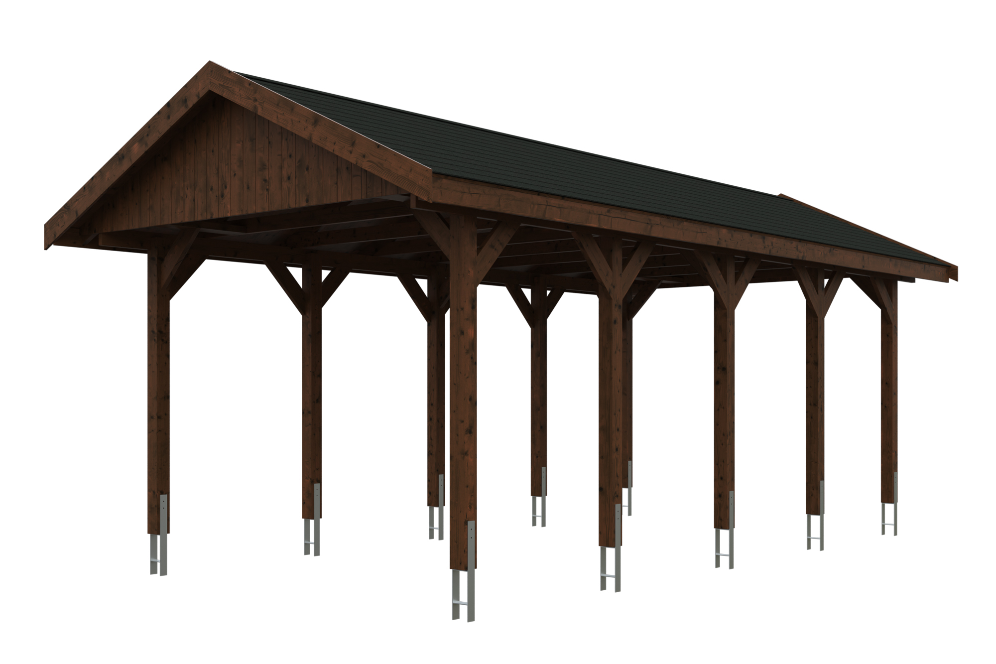 Produktbild: Carport Wallgau 380 x 750 cm, mit schwarzen Dachschindeln, farblich behandelt in nussbaum