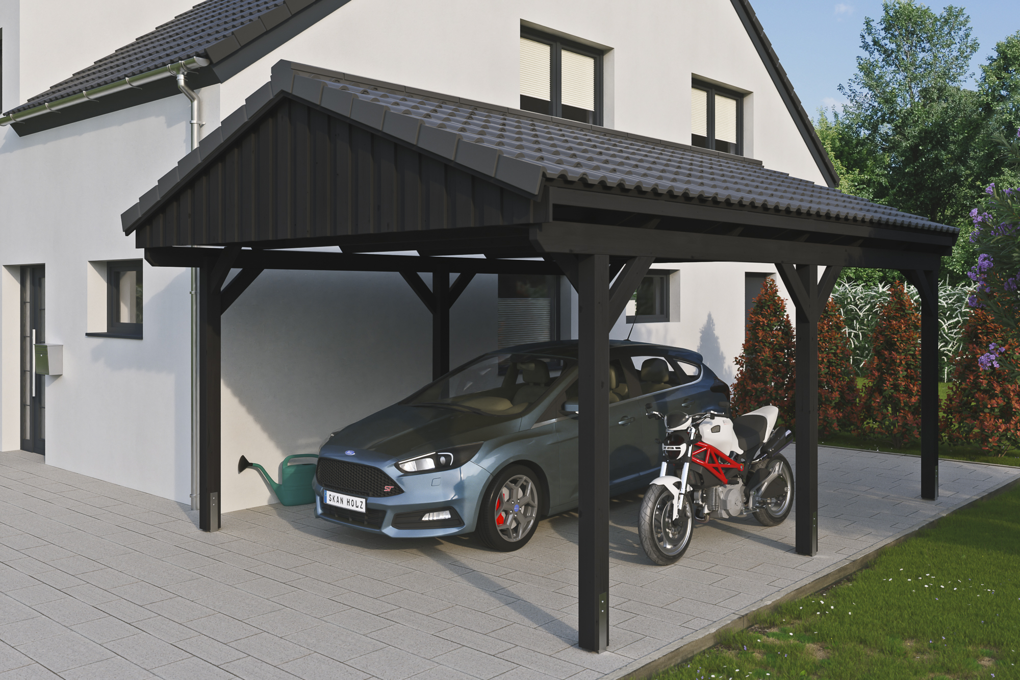 Ambientebild: Carport Fichtelberg 423 x 566 cm, farblich behandelt in anthrazit, mit Dachziegeln