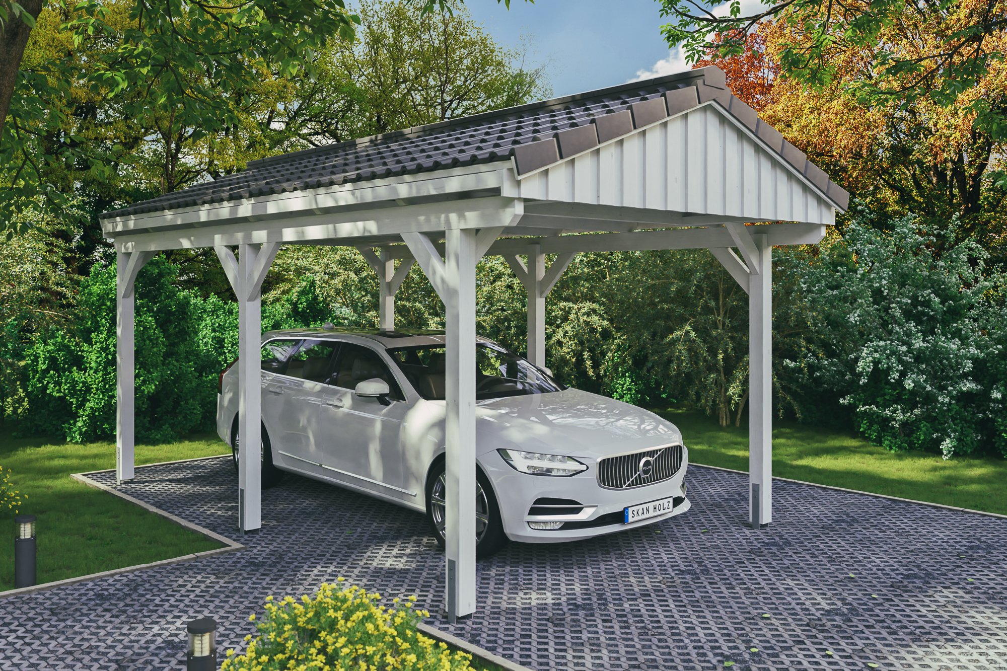 Ambientebild: Carport Fichtelberg 317 x 566 cm, farblich behandelt in weiß, mit Dachziegeln