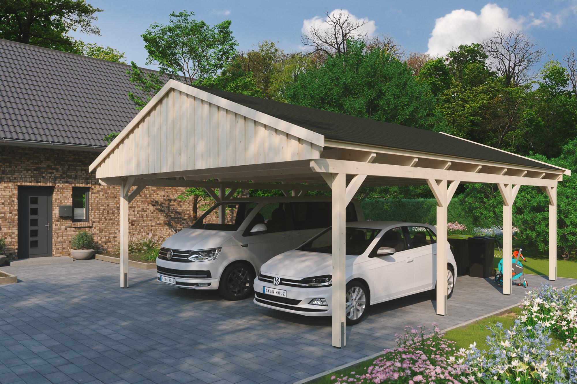 Ambientebild: Carport Fichtelberg 618 x 808 cm, natur, mit schwarzen Dachschindeln
