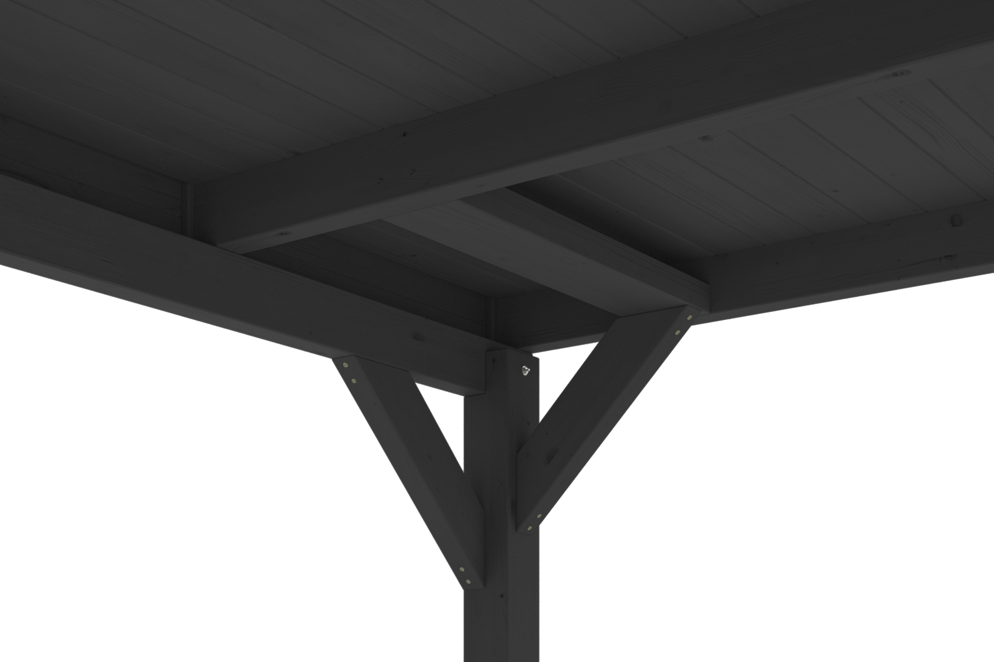 Detailbild: Dachkonstruktion beim Carport Grunewald, farblich behandelt in anthrazit, mit Dachschalung (von unten)