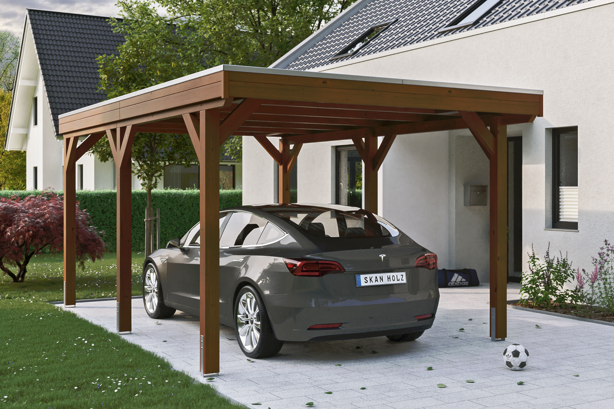 Ambientebild: Carport Grunewald 321 x 554 cm, farblich behandelt in nussbaum