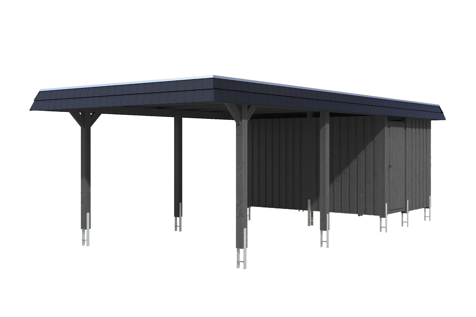 Carport Wendland mit Abstellraum 409 x 870 cm mit Aluminiumdach, schwarze Blende, schiefergrau