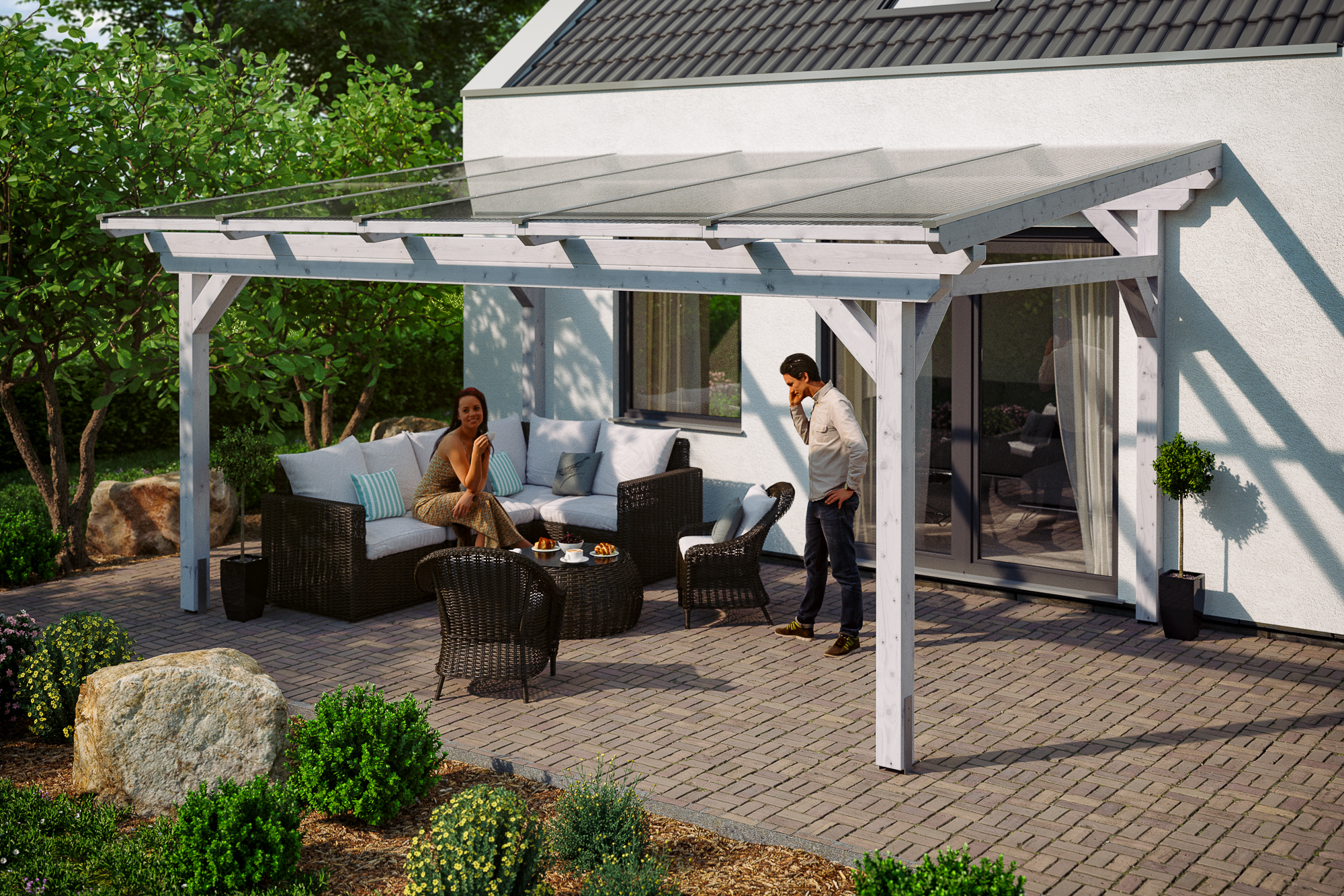 Ambientebild: Terrassenüberdachung Sanremo, Breite 541 cm, farblich behandelt in weiß