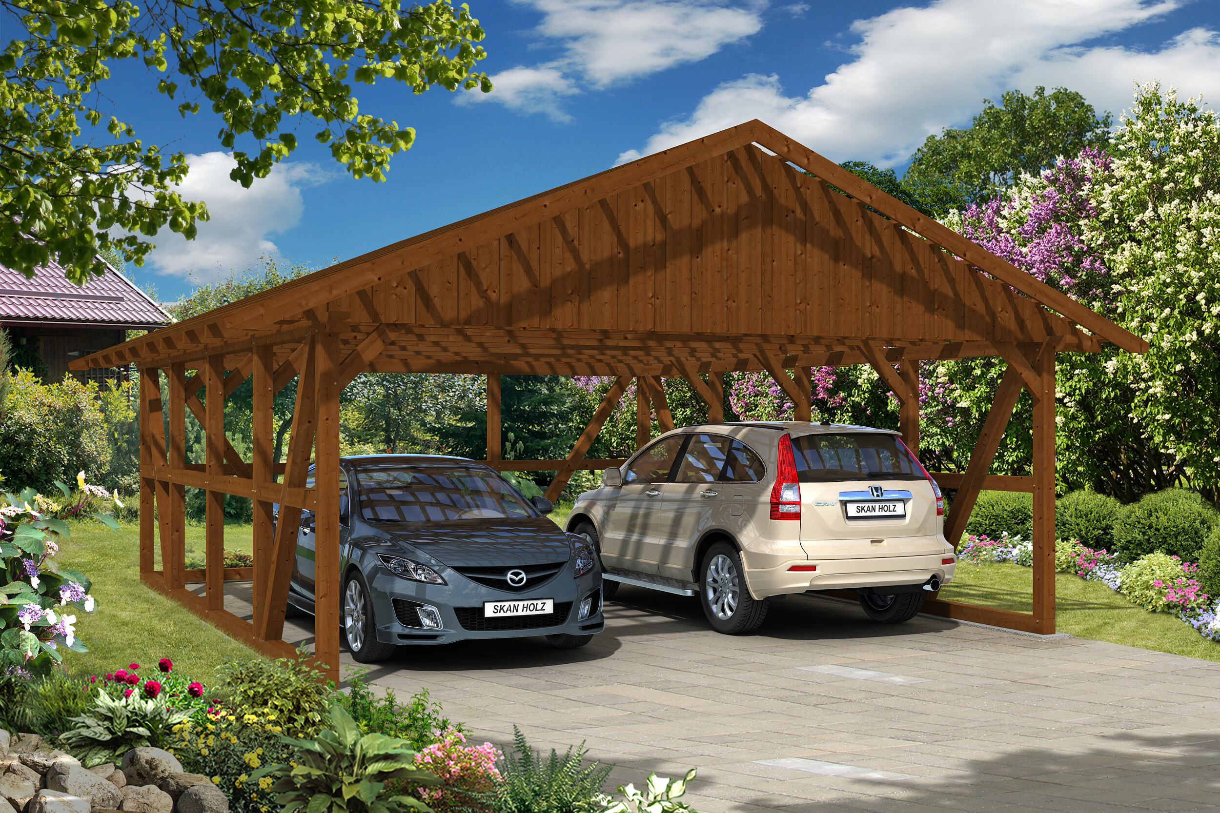 Carport SCHWARZWALD 684x772cm avec paroi arriere, lattis, KVH-bois d'épinette, traitement coloré noyer