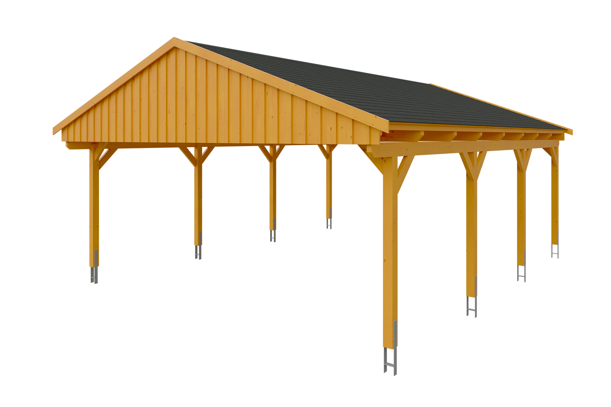 Produktbild: Carport Fichtelberg 618 x 808 cm, farblich behandelt in eiche hell, mit schwarzen Dachschindeln