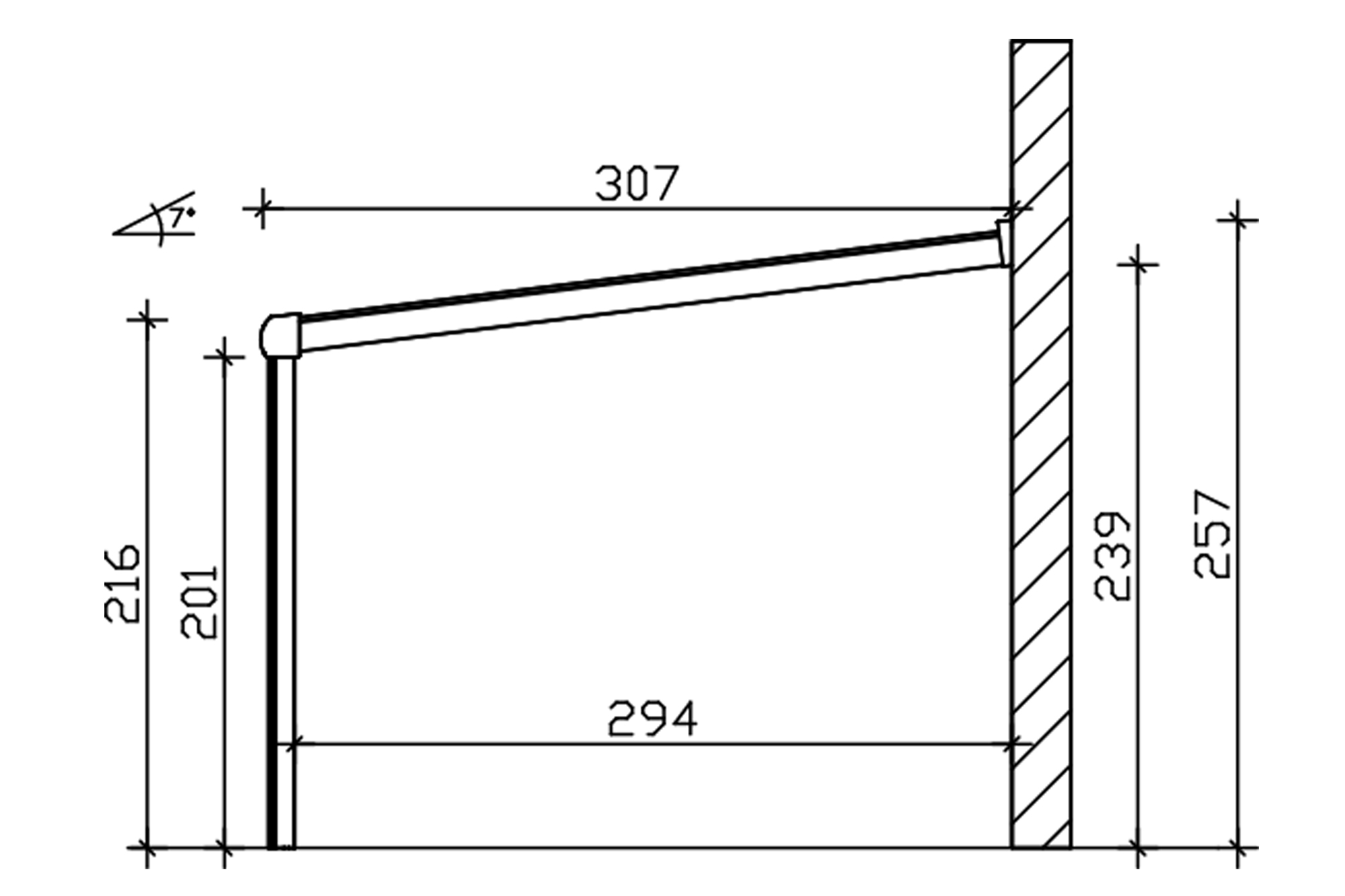 Grafik (Schnitt): Terrassenüberdachung Garda, Tiefe 307 cm