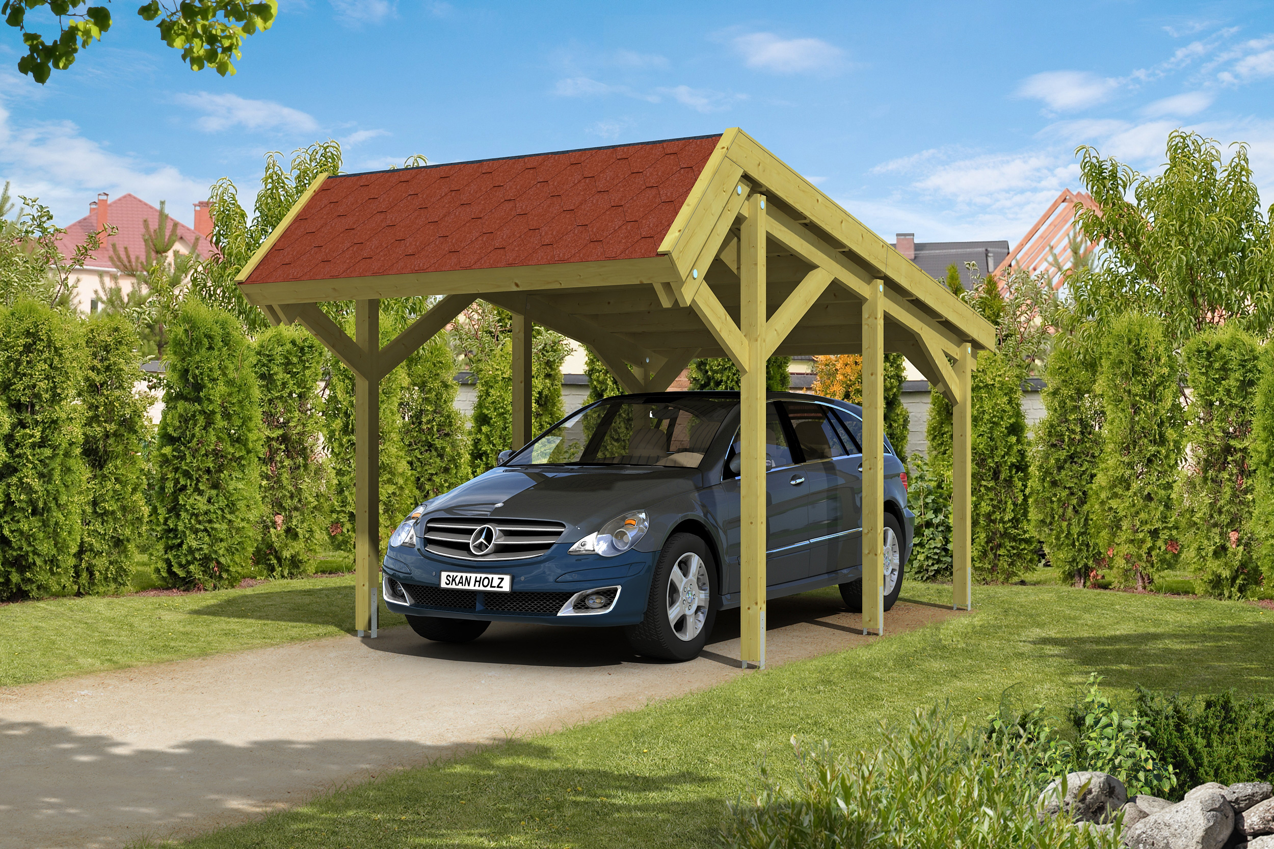 Ambientebild: Carport Harz 321 x 560 cm, mit roten Dachschindeln