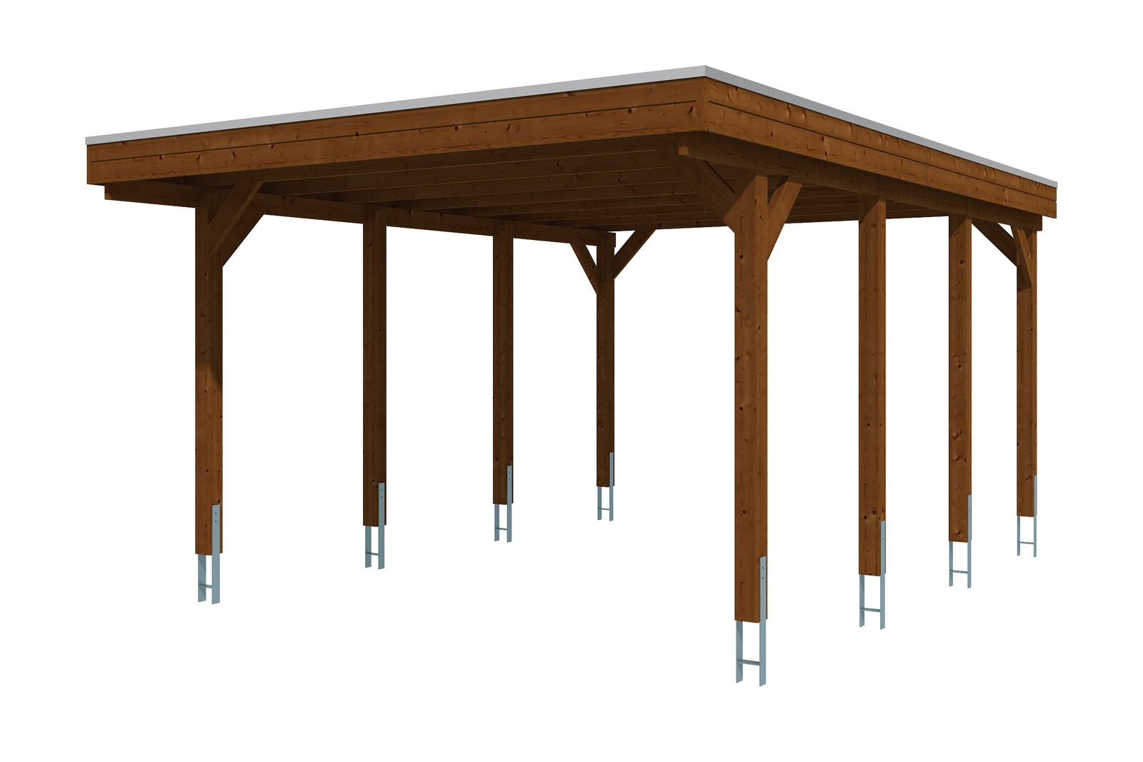 Carport Friesland 397 x 555 cm, gelakt in noten, met dakbetimmering en EPDM-folie