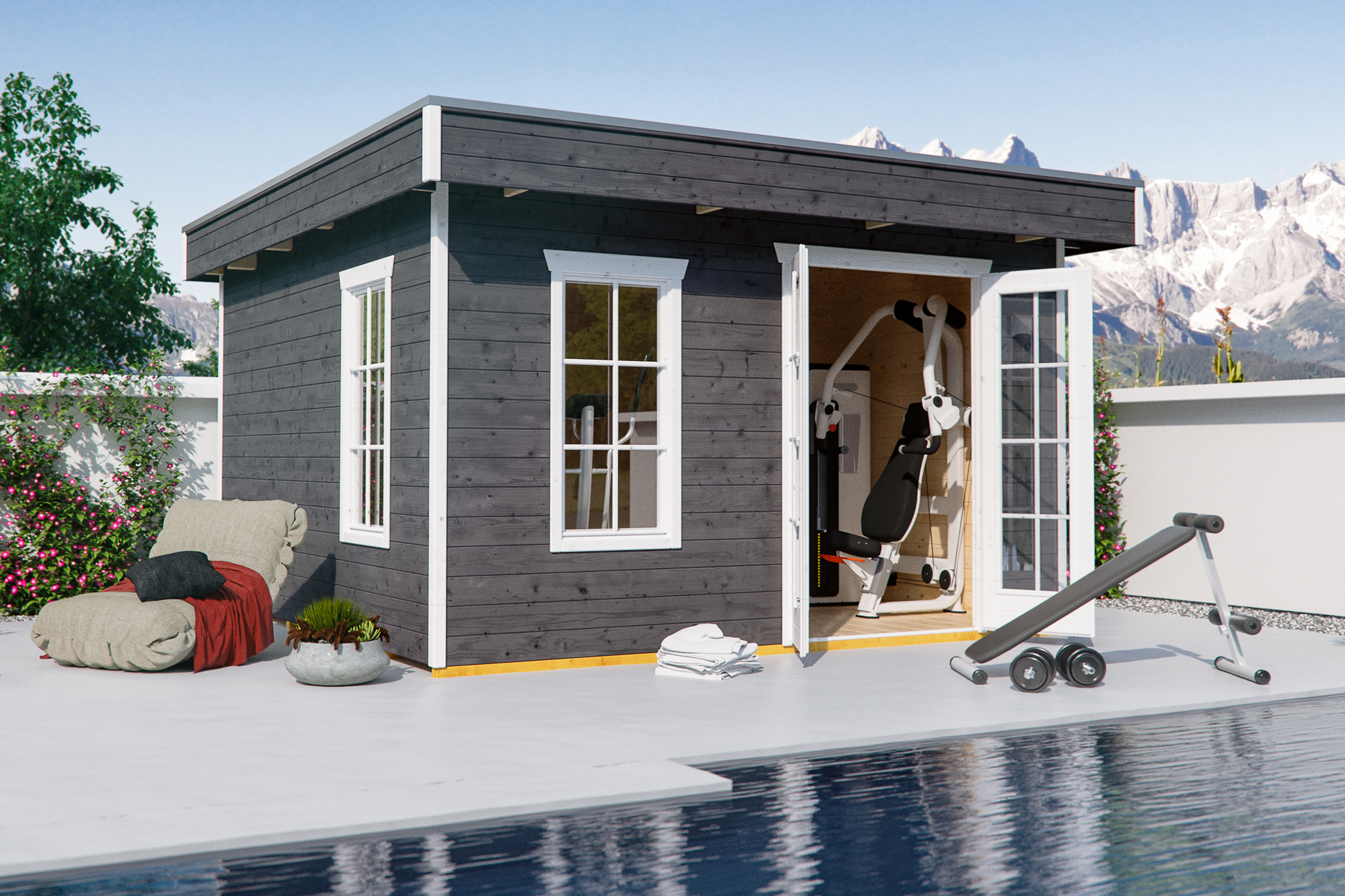 Abri de jardin BREDA 380x380cm, 28mm, traitement coloré gris ardoise