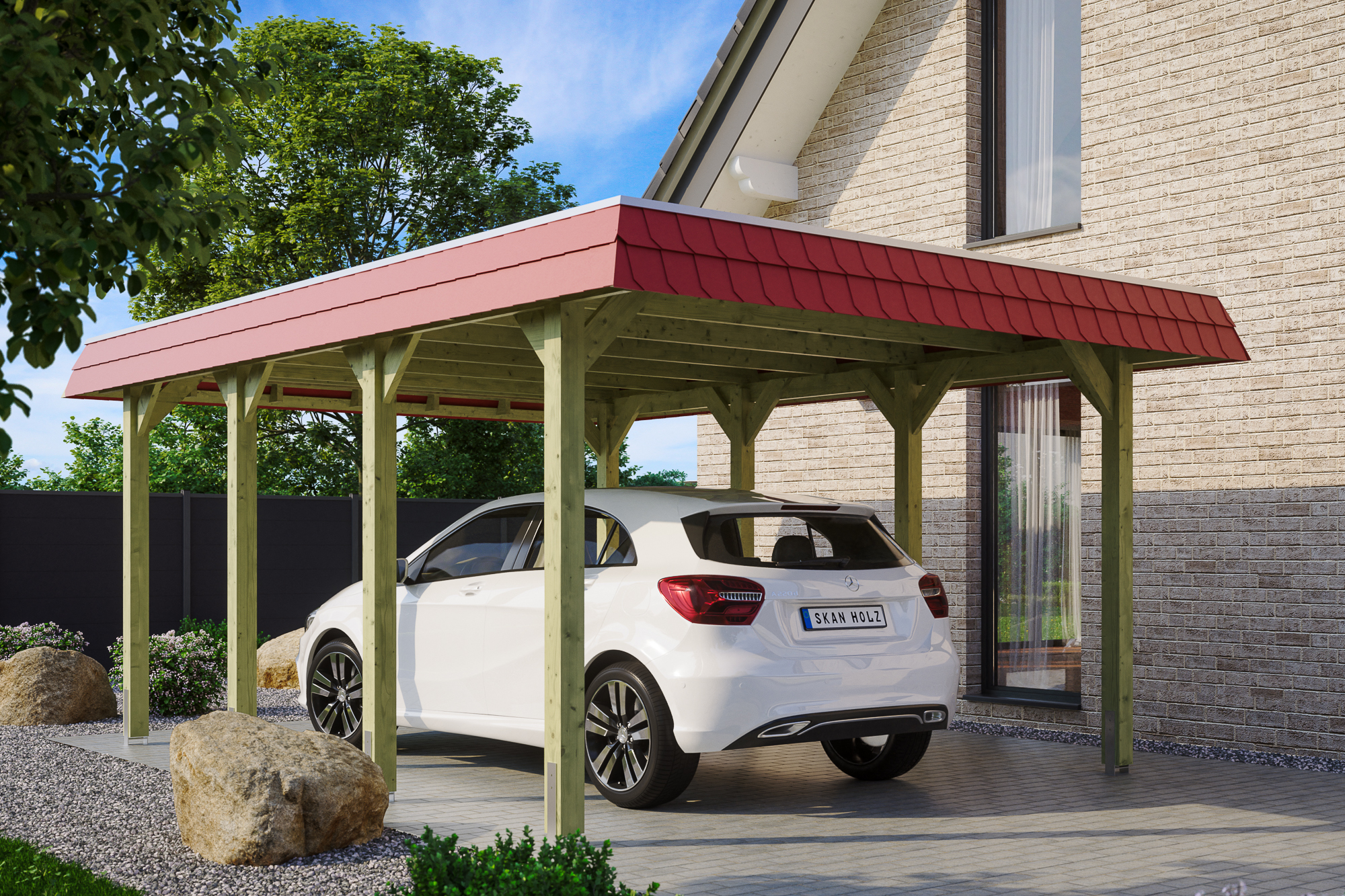 Ambientebild: Carport Spreewald 396 x 589 cm mit roter Blende, grün imprgniert