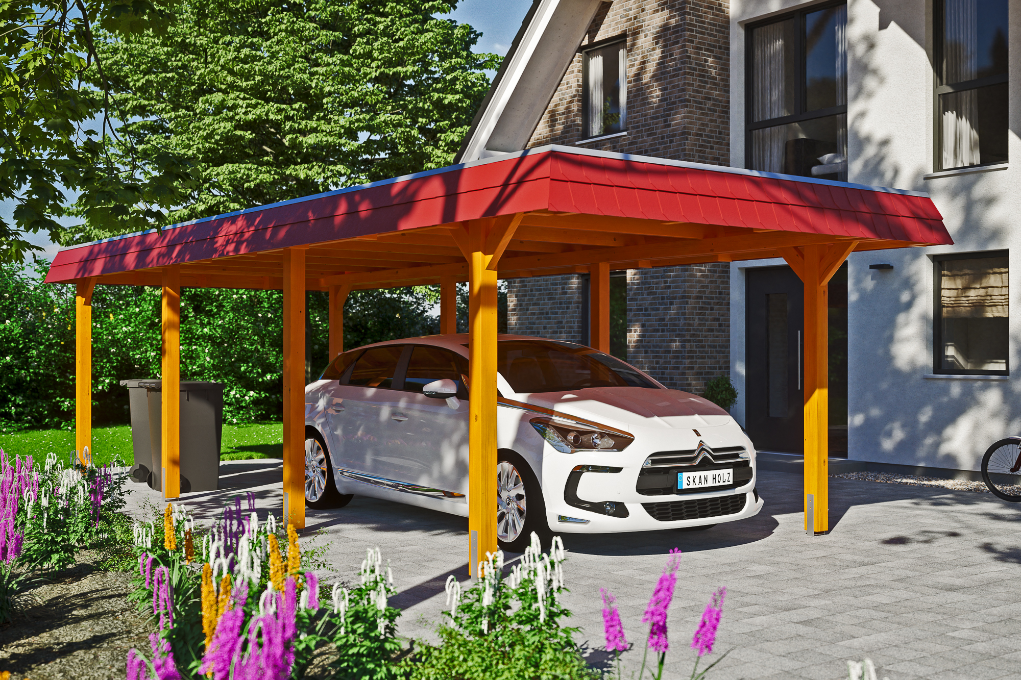 Ambientebild: Carport Wendland 362 x 870 cm, mit roter Blende, farblich behandelt in eiche hell