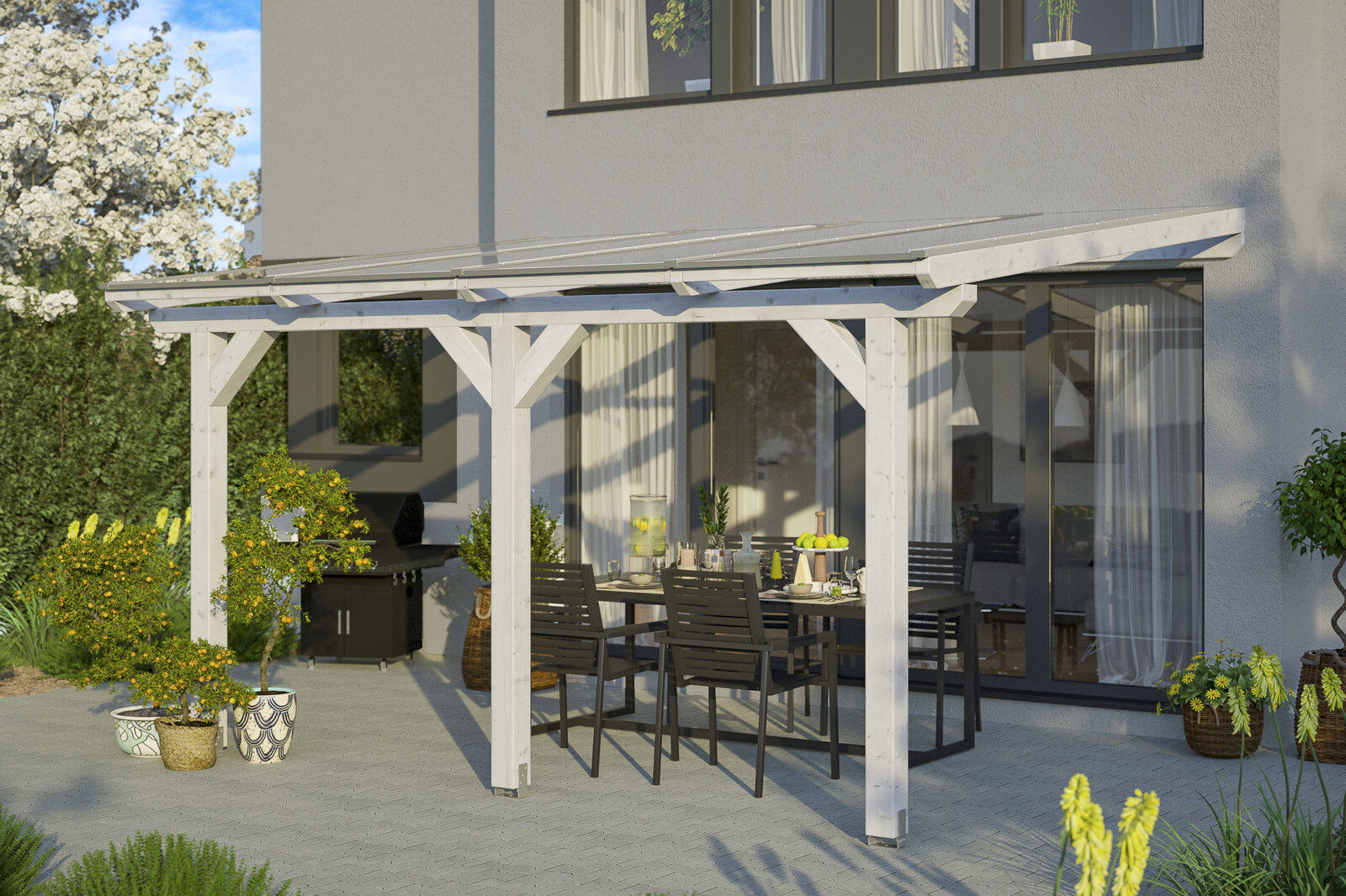 Terrassenüberdachung Bormio 434 x 400 cm, Leimholz, weiß