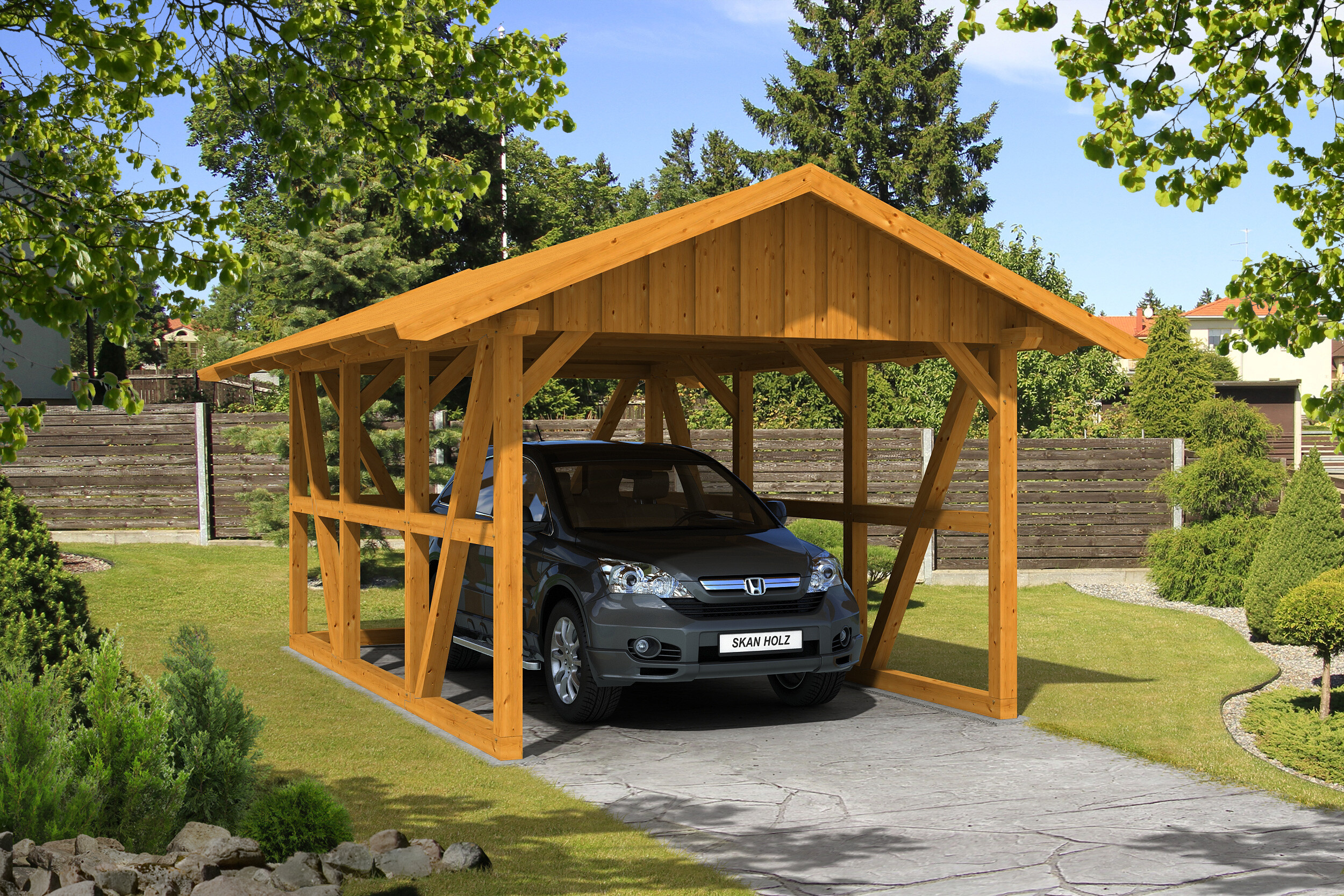Carport Schwarzwald 424 x 600 cm mit Rückwand, eiche hell, mit Dachschalung