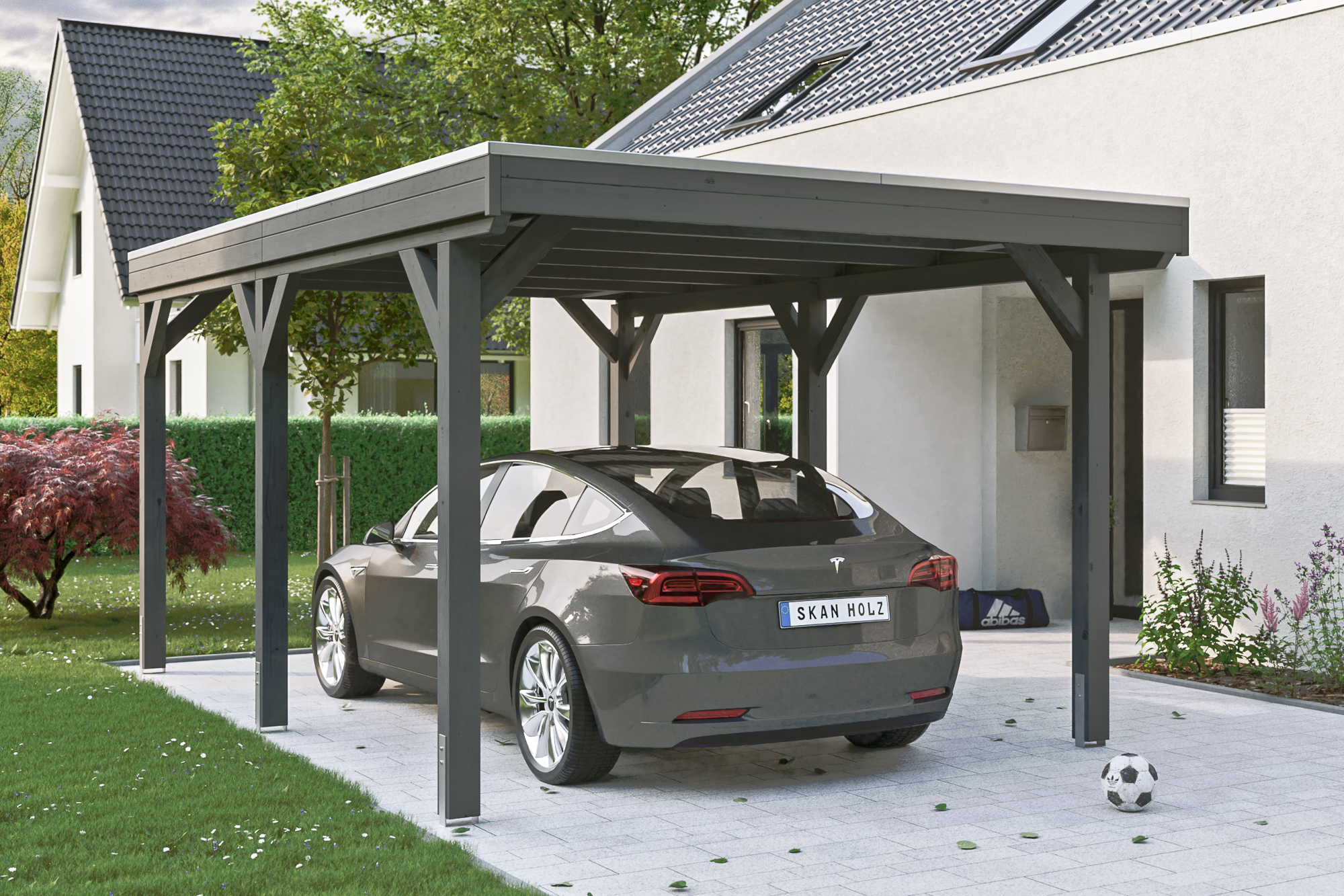 Ambientebild: Carport Grunewald 321 x 554 cm, farblich behandelt in schiefergrau